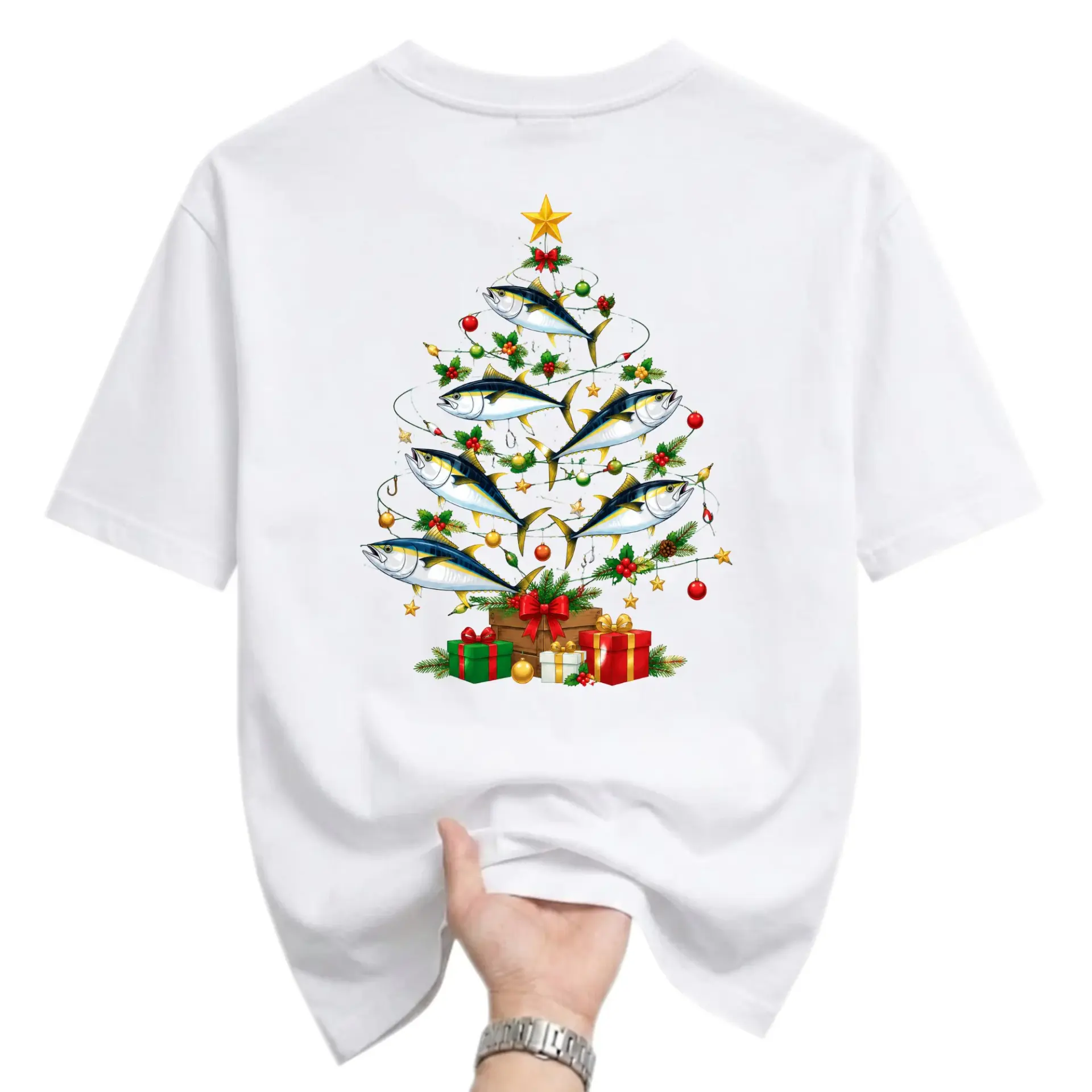 Funny Shirt Christmas Tree Made of Fish Graphic Tee for Holiday Season Casual Wear Unisex Crew Neck Top