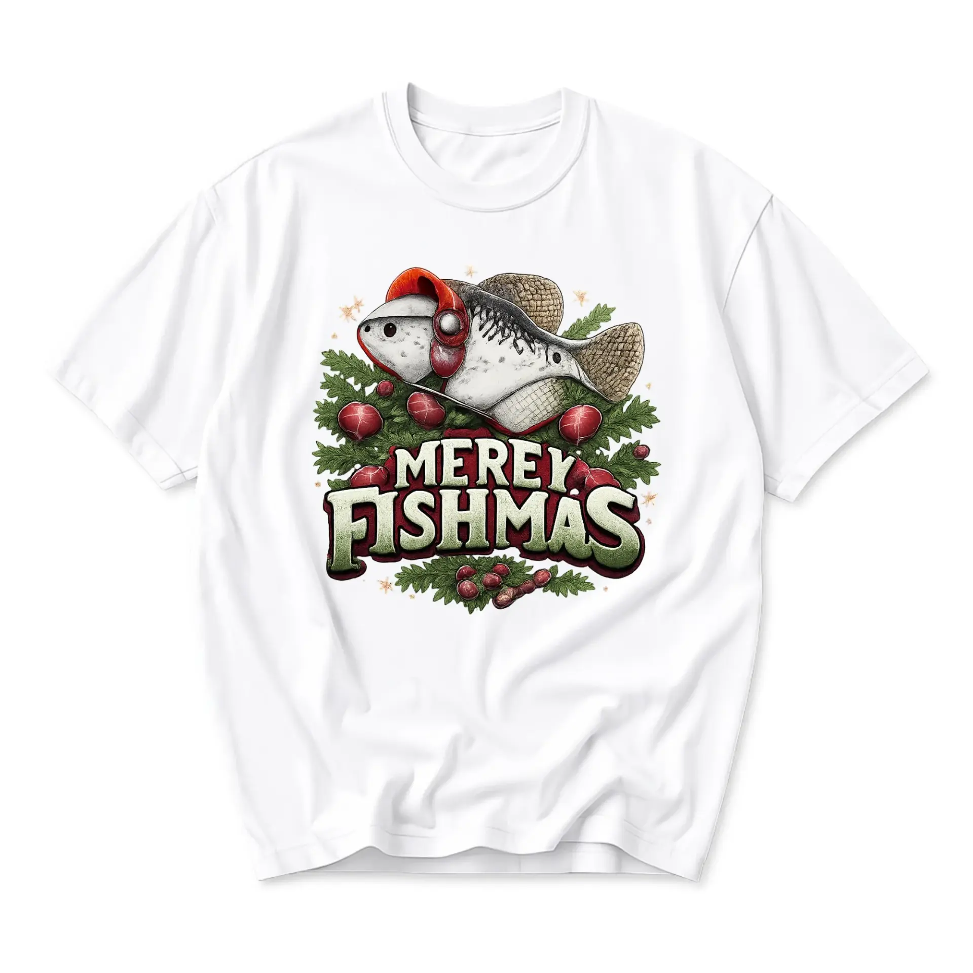 Funny Shirt Unisex Graphic Printed T-Shirt Featuring a Festive Fish with Santa Hat and Holiday Greens Illustration
