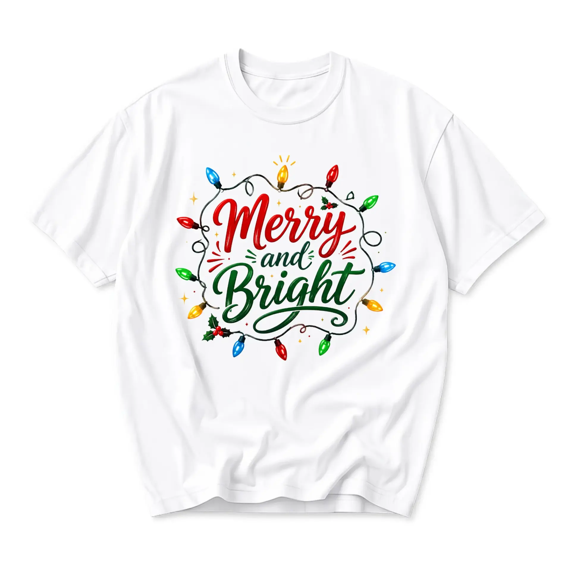 Graphic Tee Merry and Bright Holiday Christmas Lights Design Unisex Crew