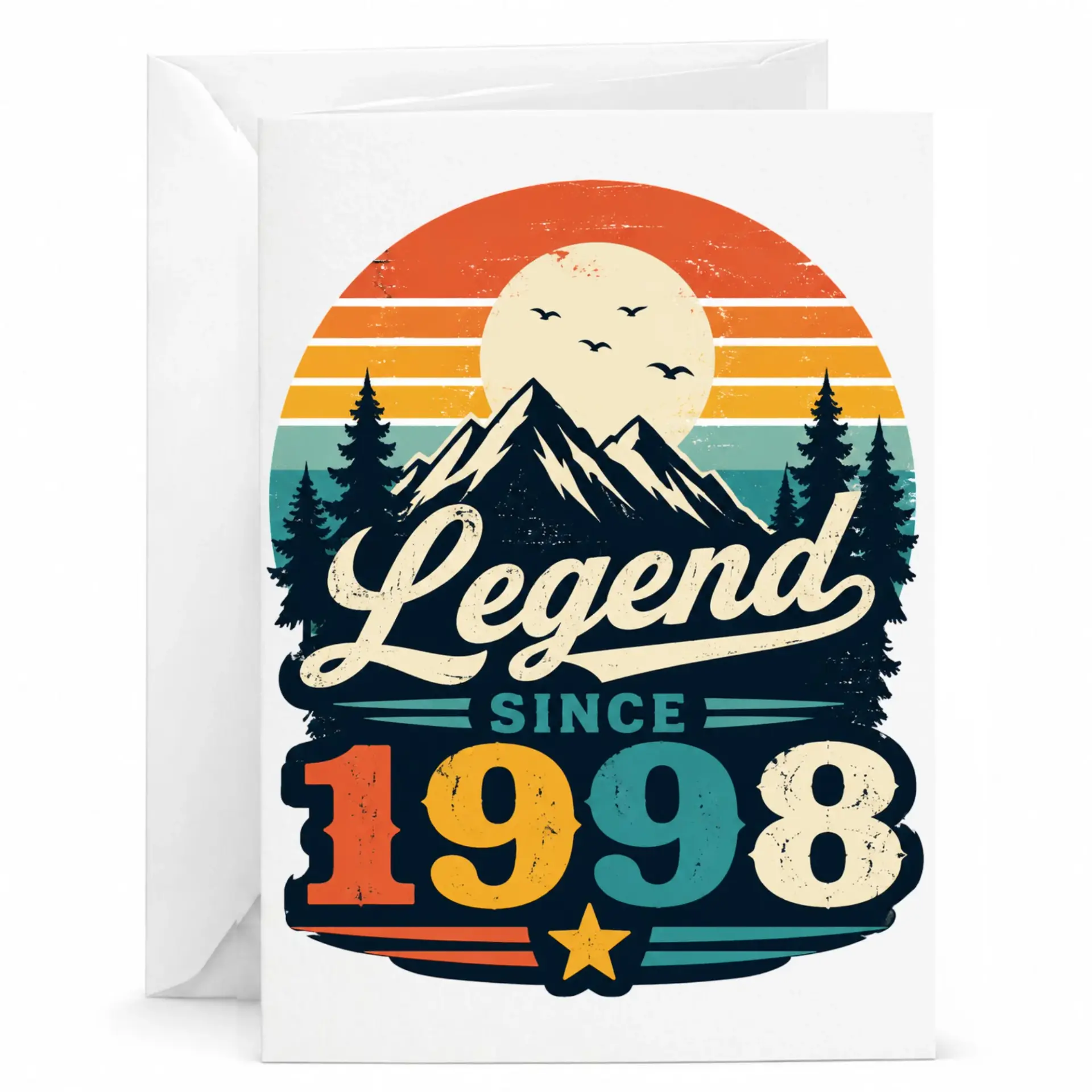 Greeting Card Legend Since 1998 Vintage Mountain Retro Sunset Design for Birthday Milestone Celebration 5x7 Inches