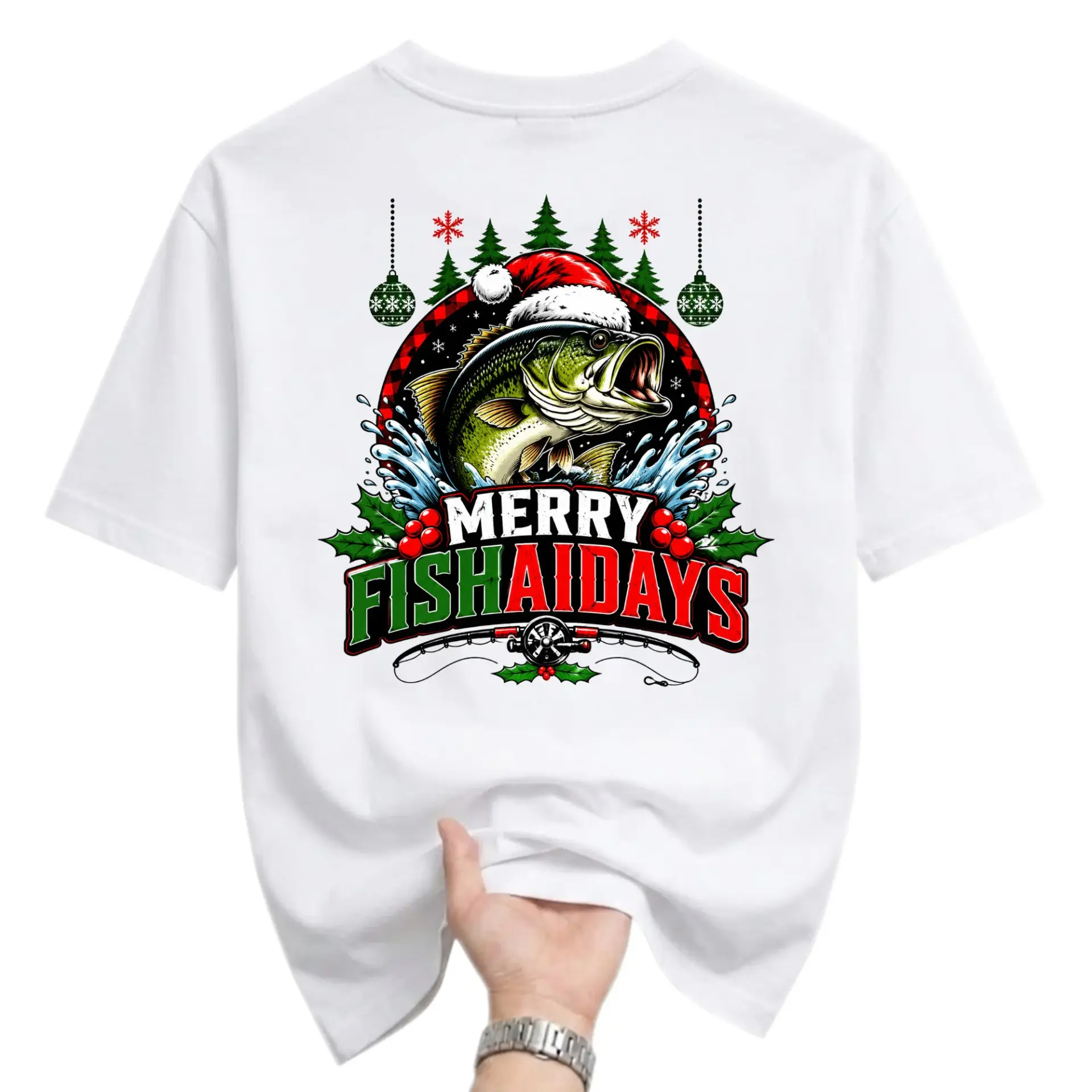 Funny Shirt Merry Fish-Aidays Christmas Fishing Graphic Tee Unisex Short Sleeve Casual Holiday Apparel White