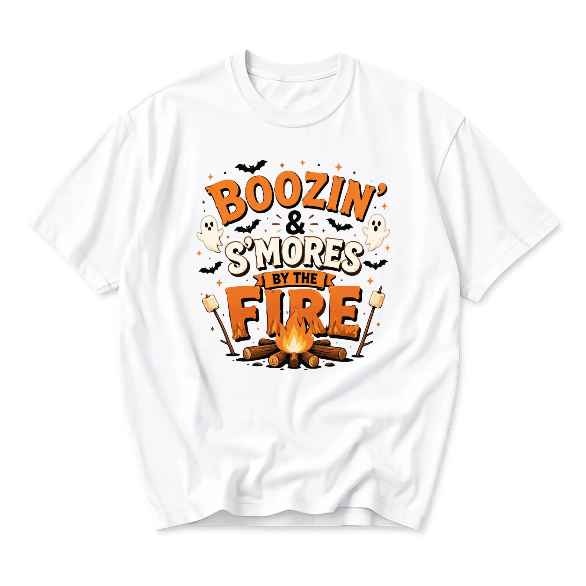Funny Shirt Booze Smores by the Fire Graphic Tee Unisex Casual Holiday Crew Neck T-Shirt for Autumn Outdoor Gatherings