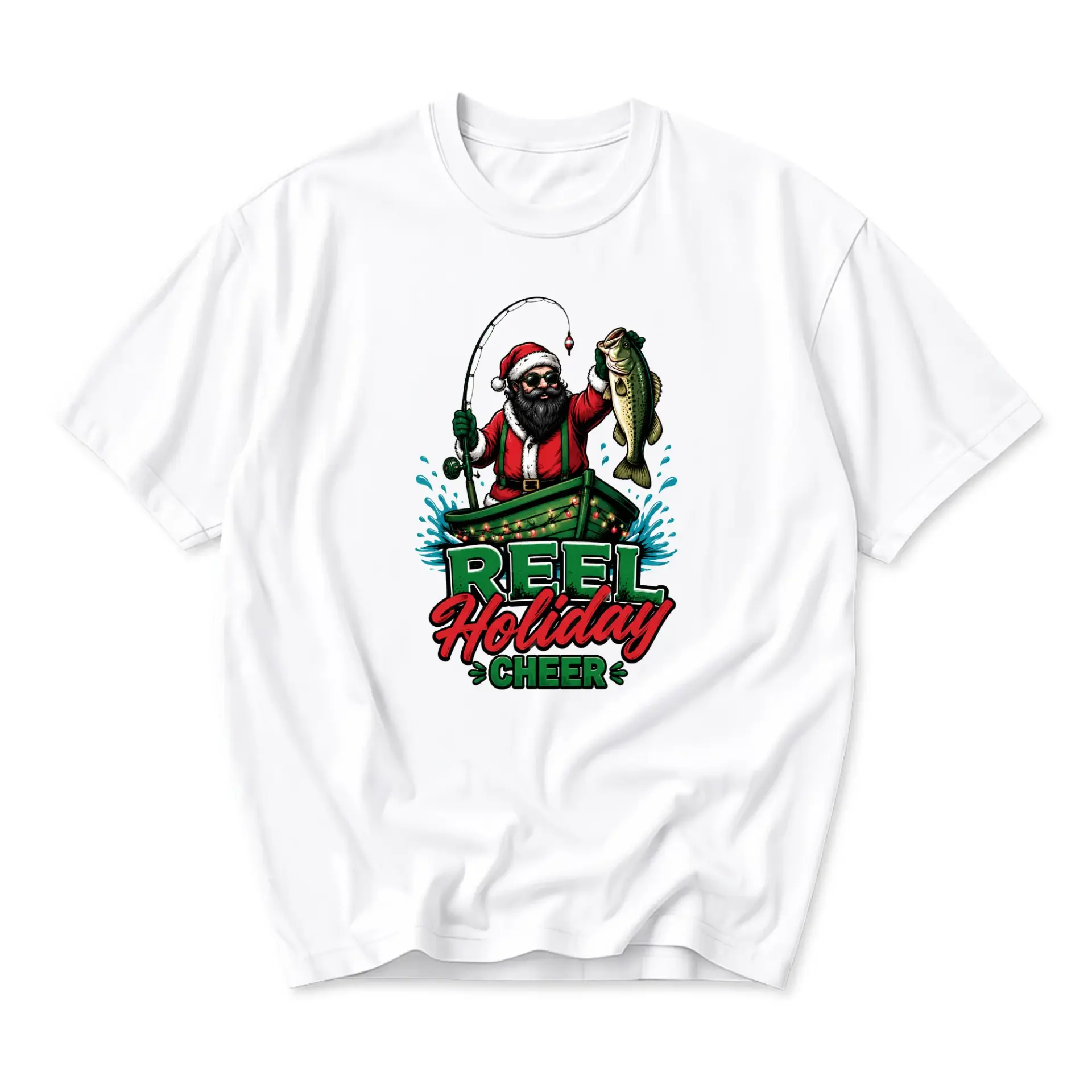 Funny Shirt Reel Holiday Cheer Fishing Santa Graphic Tee Unisex Casual Crew