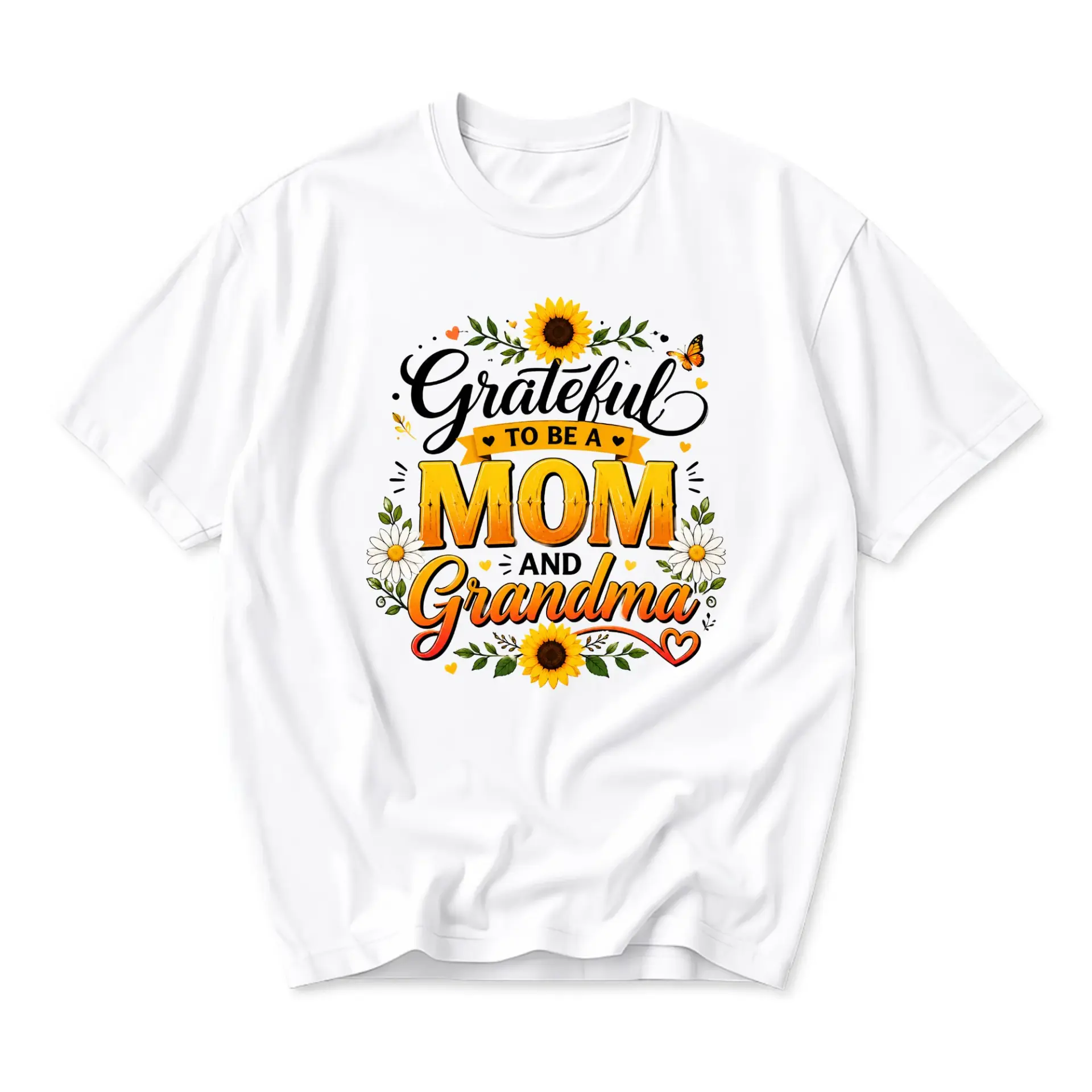Graphic Tee Grateful to Be a Mom and Grandma Floral Sunflower Design Unisex