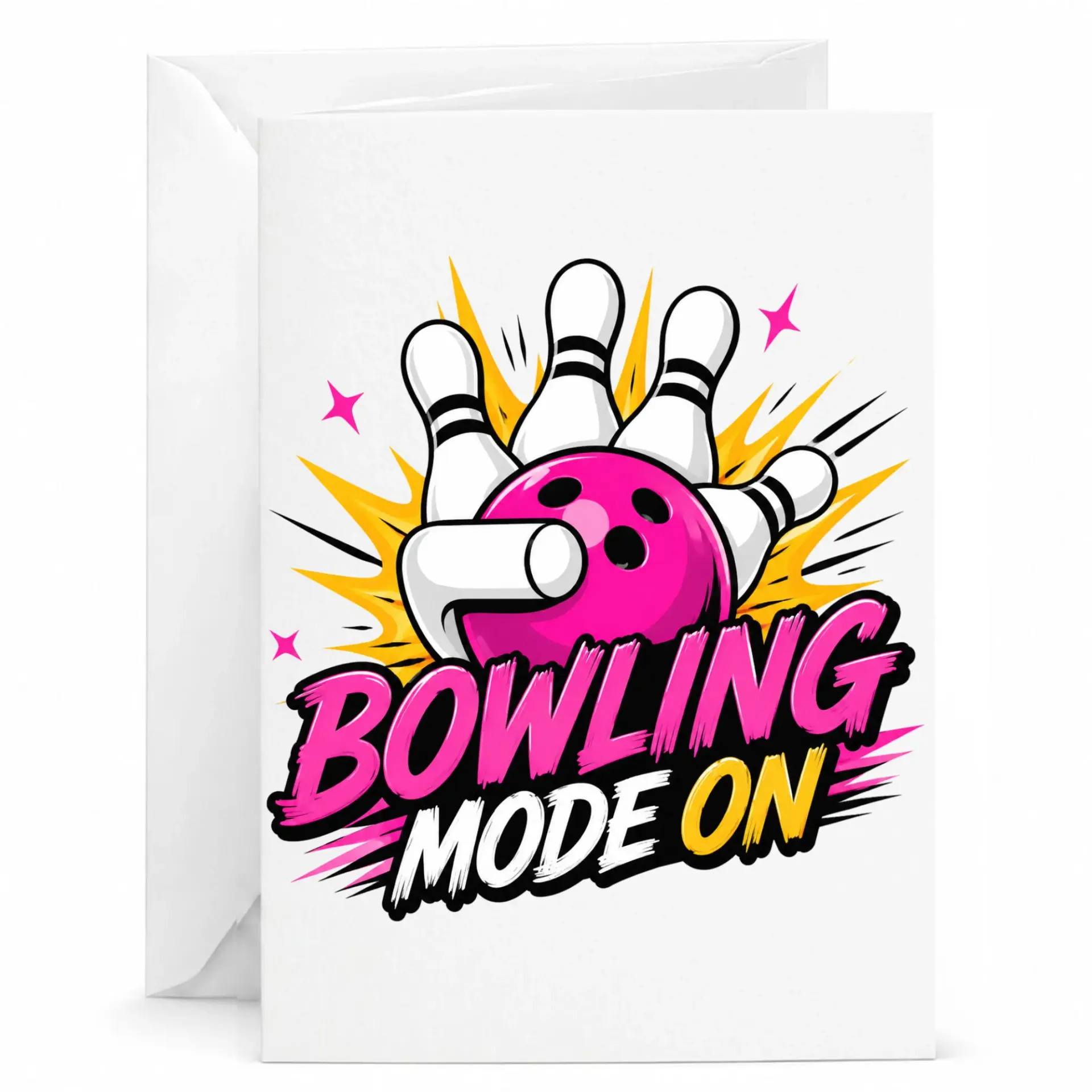 Funny Bowling Mode on Greeting Card, Sport Themed Stationery for Enthusiasts, 5x7 Folded Note for All Occasions
