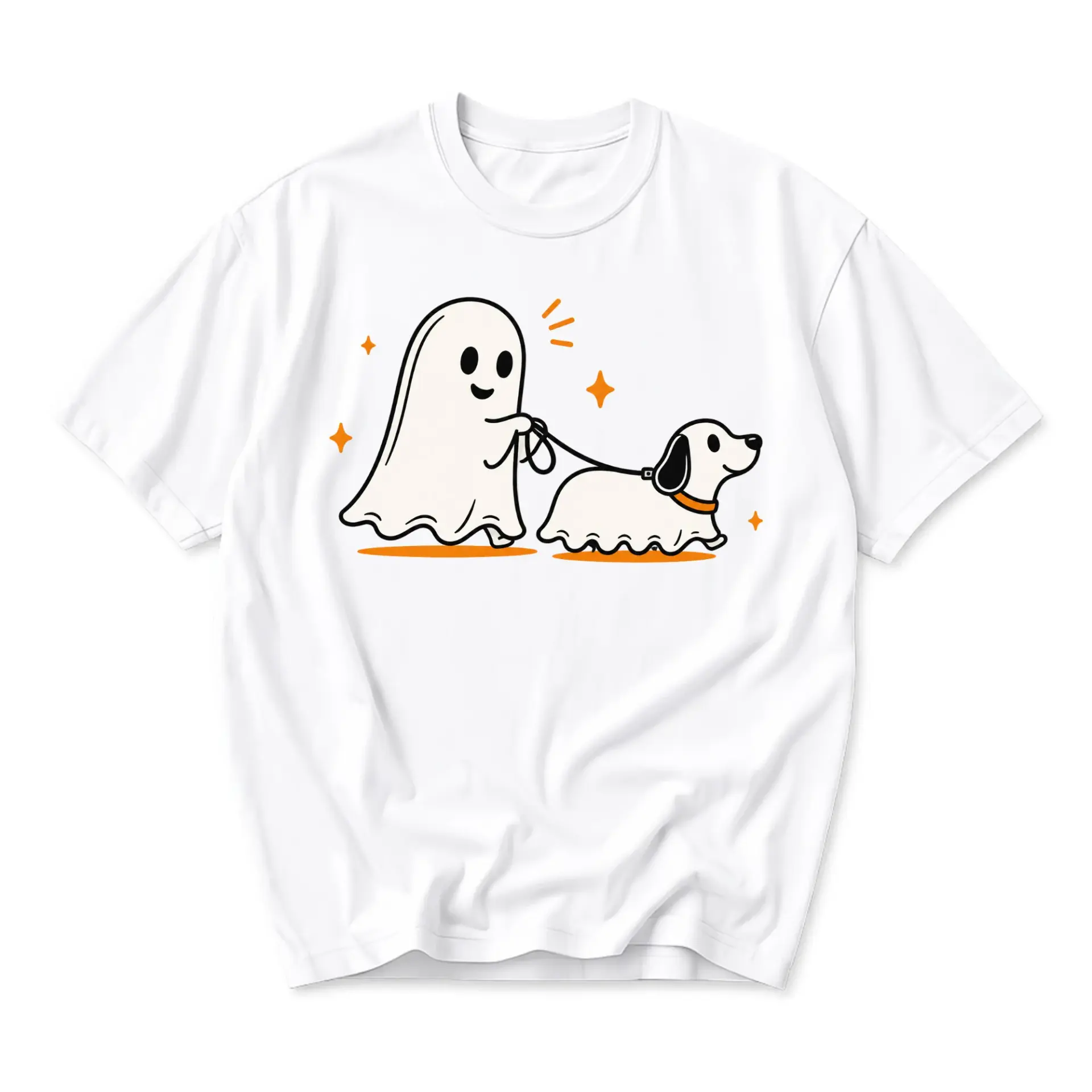 Graphic Tee Unisex Crew Neck T-Shirt Featuring Cute Ghost Walking a Dog Illustration for Casual Everyday Wear