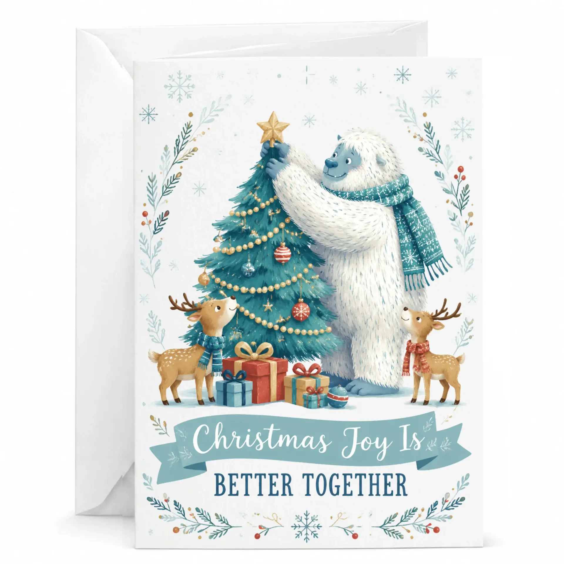Christmas Joy Is Better Together Greeting Card with White Envelope, Festive Yeti and Reindeer Illustration Holiday Card