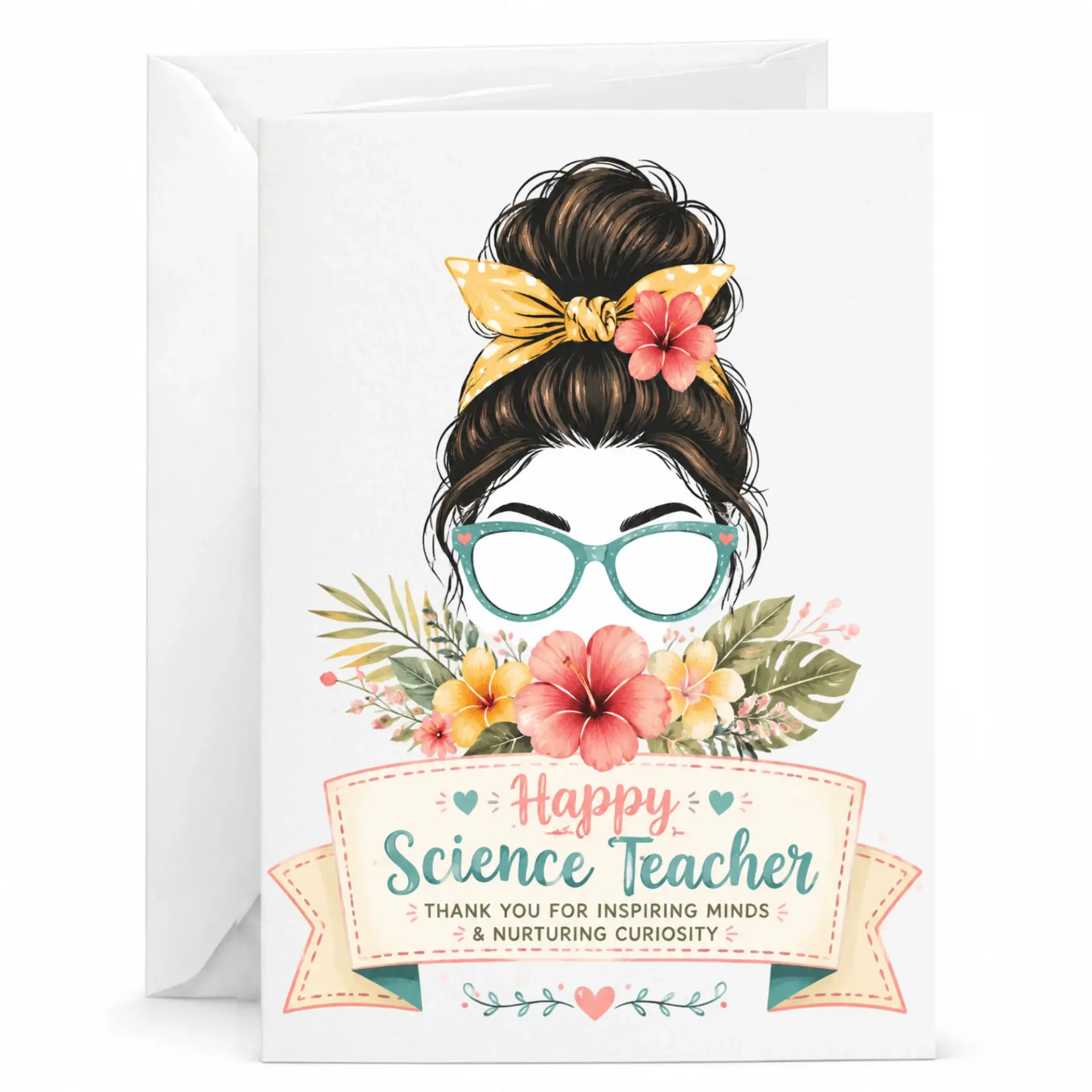 Greeting Card for Teacher Appreciation Floral Design with Cute Messy Bun Artwork and Inspiring