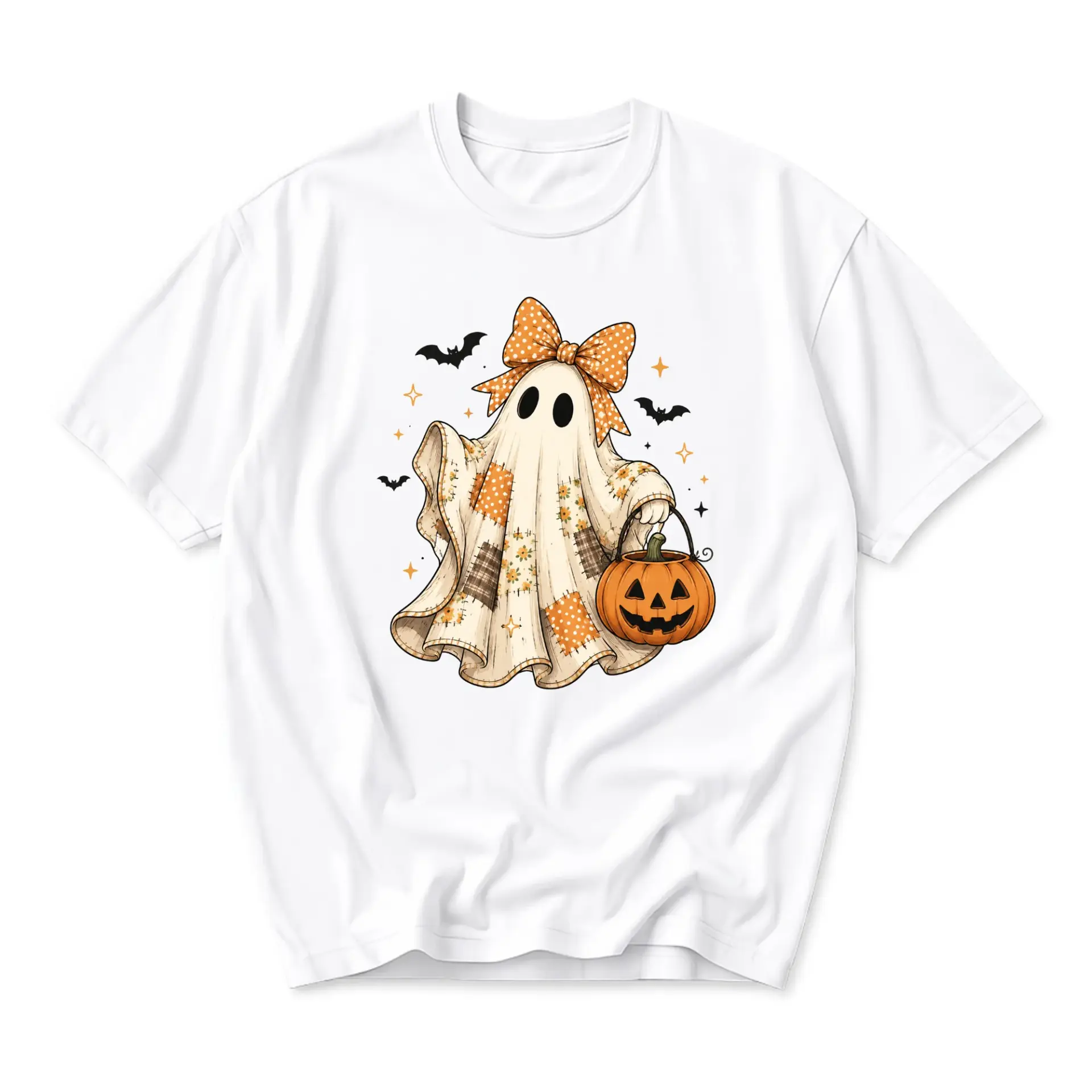Graphic Tee Cute Ghost Wearing a Polka Dot Bow Holding a Jack O Lantern Pumpkin for Fall Season Unisex Crew Neck Shirt