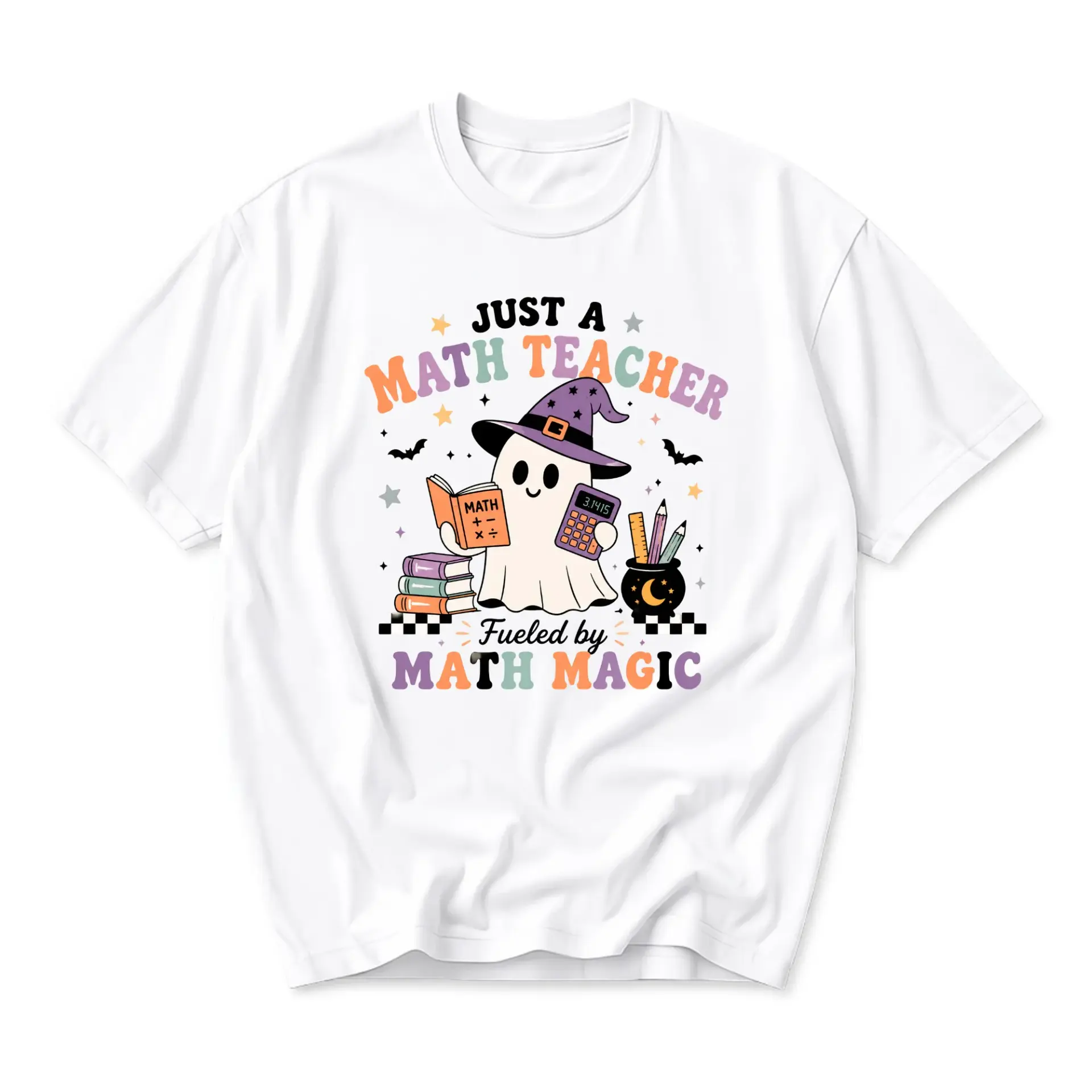 Funny Shirt Just a Math Teacher Fueled by Math Magic Ghost Graphic Tee Unisex Crew Neck Casual Cotton Everyday Top