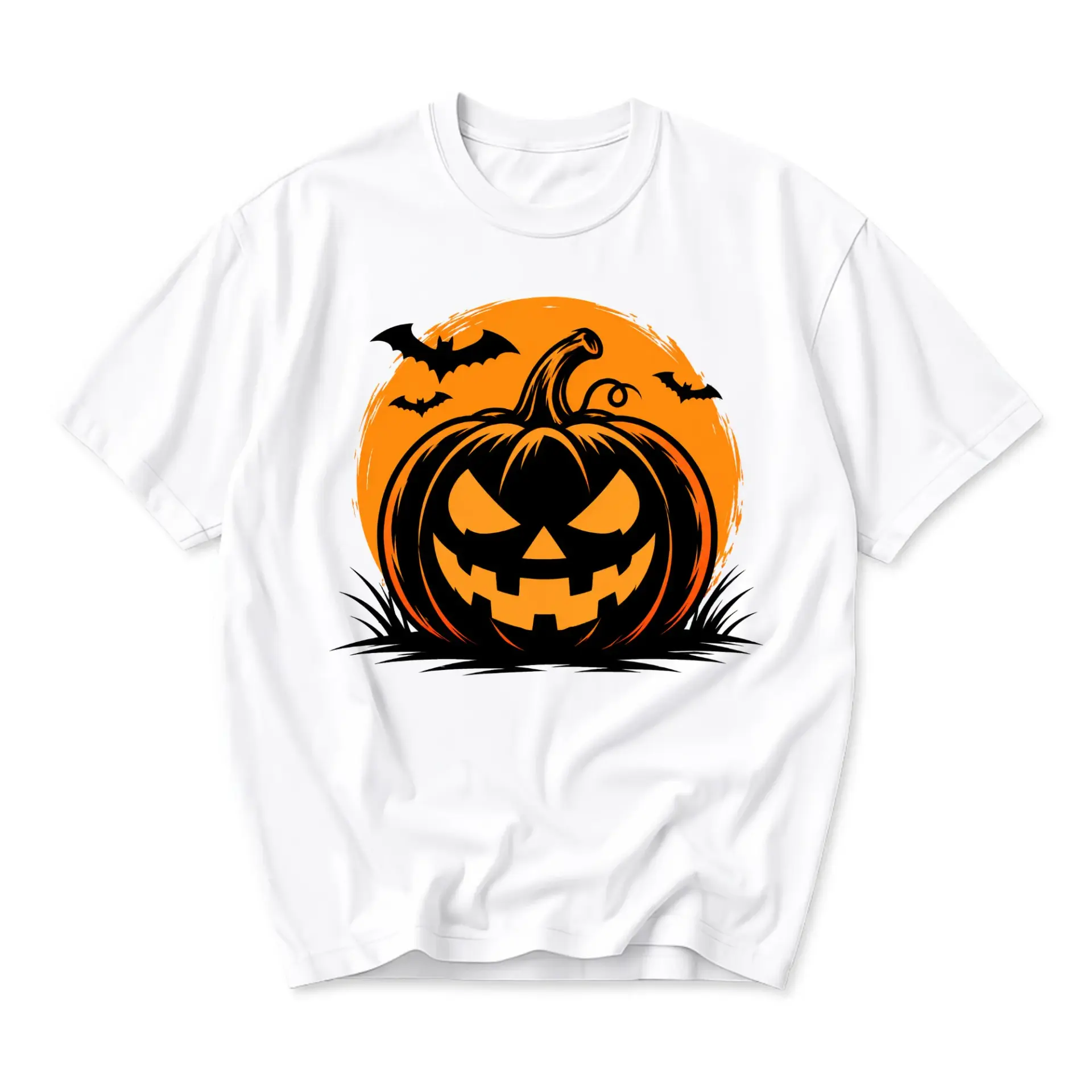 Graphic Tee Unisex Halloween Shirt Featuring a Spooky Jack O Lantern Pumpkin Silhouette and Flying Bats Illustration