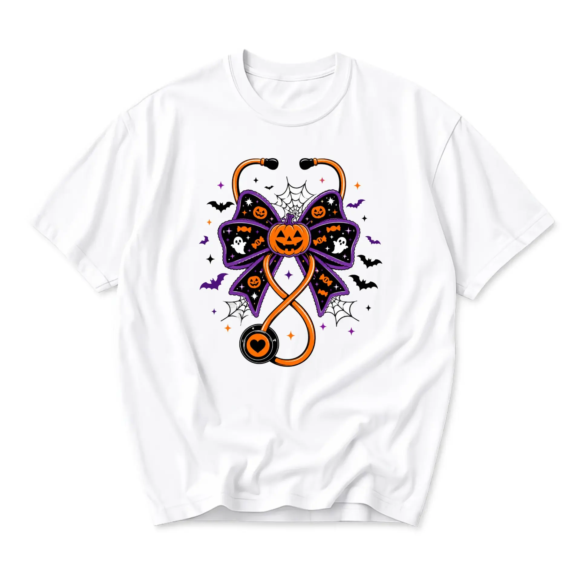 Graphic Tee Unisex Stethoscope Halloween Bow Pumpkin T-Shirt Seasonal Spooky Festive Apparel for Casual Daily Wear