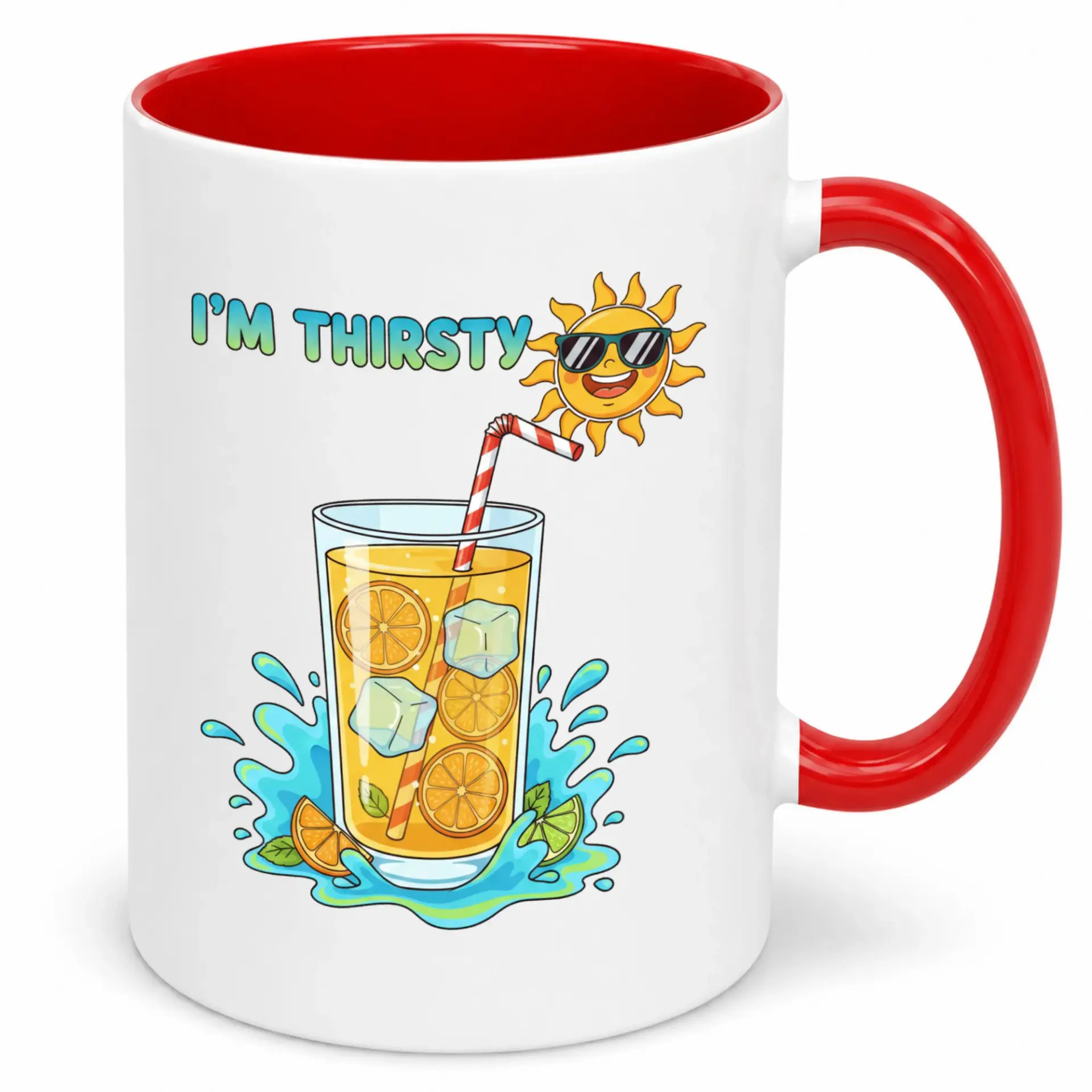 Funny 'i'm ' Drink Ceramic Coffee Mug with Cartoon Sun and Orange Juice Design Refreshing Beverage White Red Accent
