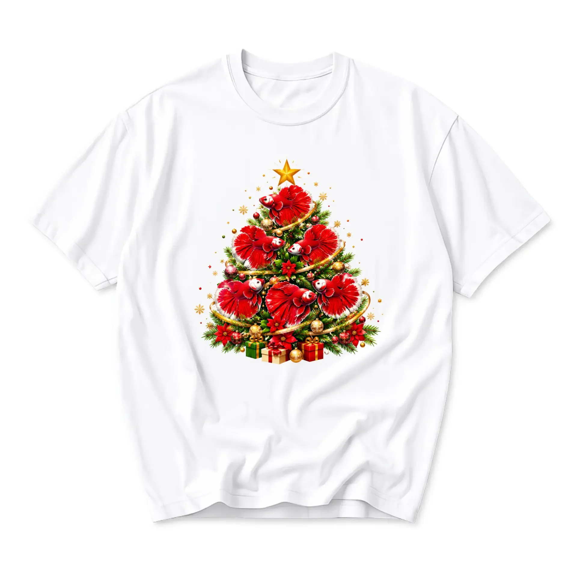Graphic Tee Christmas Fish Tree Shirt Festive Holiday Unisex Crew Neck Casual Cotton Blend Short Sleeve Top