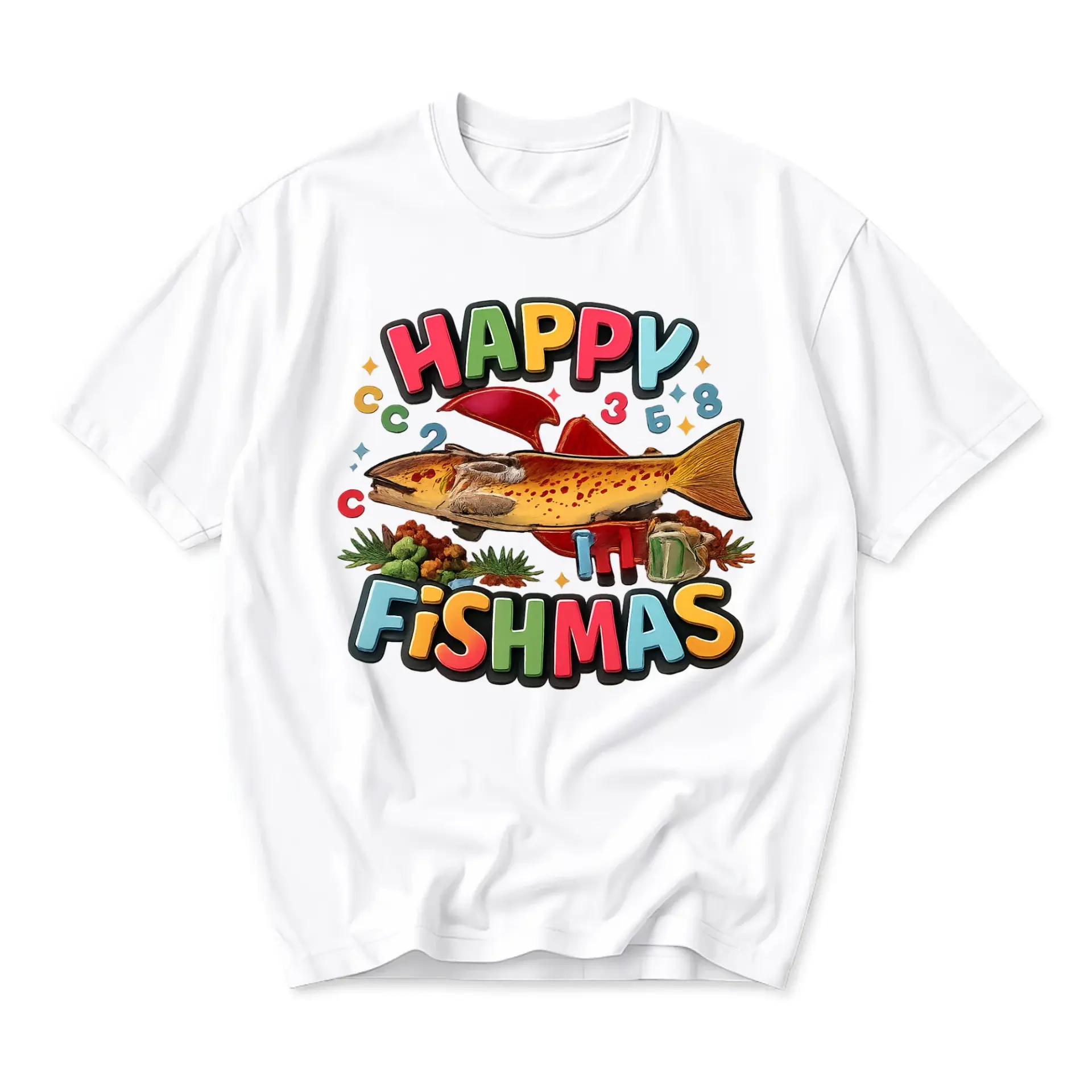 Funny Shirt Happy Fishmas Graphic Tee Retro Holiday Sea Fishing Lovers