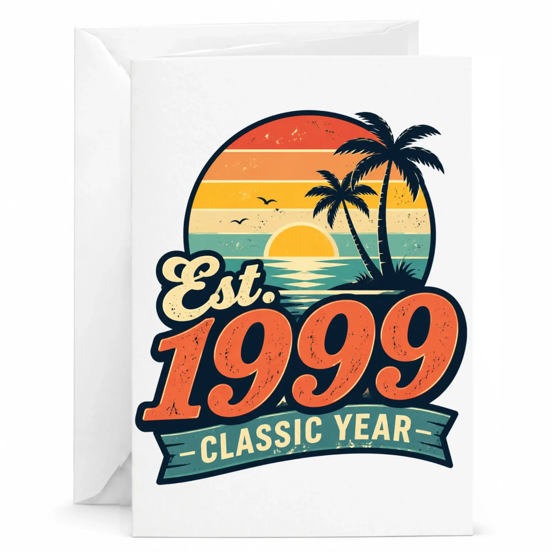 Birthday Greeting Card Est 1999 Classic Year Retro Sunset Tropical Palm Tree Design for Milestone Celebration Stationary