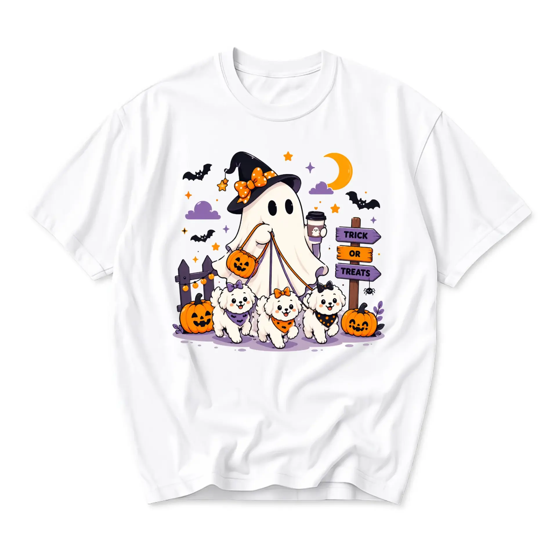 Graphic Tee Unisex Halloween Ghost and Puppy Dogs Print Casual Crew Neck Shirt for Seasonal Holiday Everyday Outfits