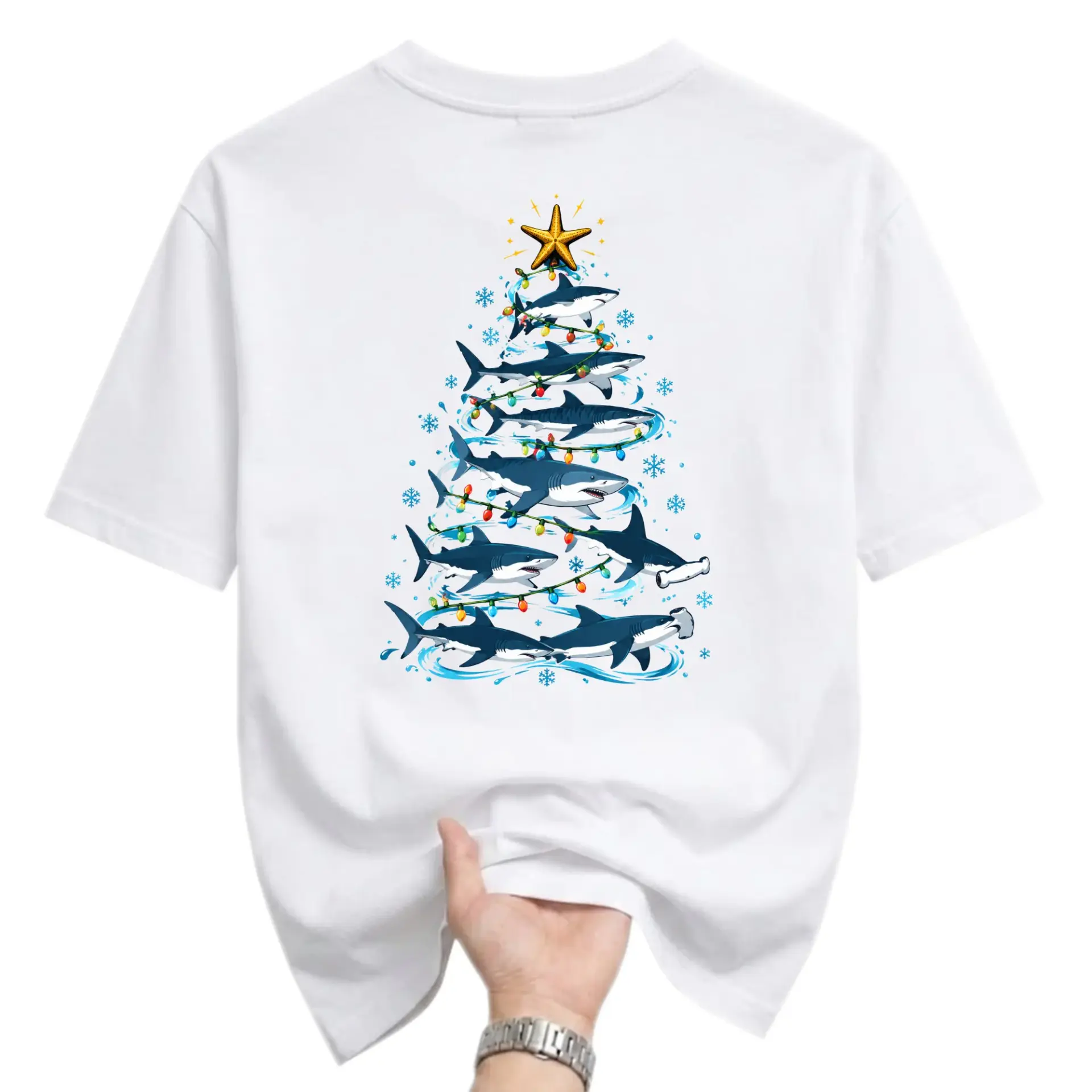 Graphic Tee Shark Christmas Tree Illustration Unisex Crew Neck Short Sleeve