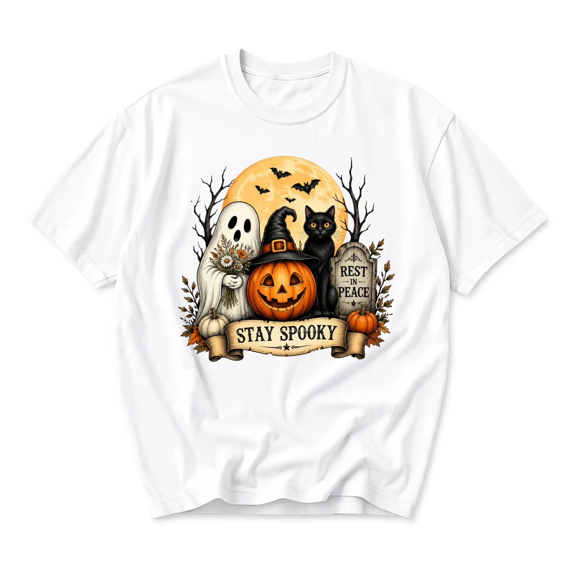 Graphic Tee Stay Spooky Halloween Art Unisex Crew Neck T-Shirt Short Sleeve Casual Fall Holiday Cotton Blend Apparel