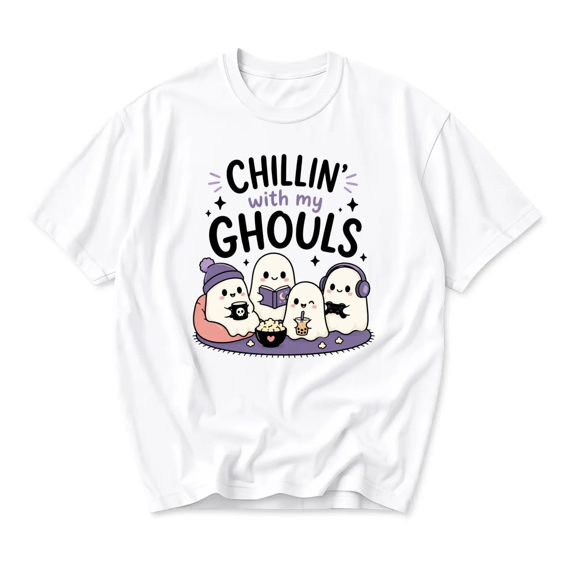 Funny Shirt Chillin with My Ghouls Graphic Tee Casual Cotton Blend Unisex Crew Neck Short Sleeve Top for Everyday Wear