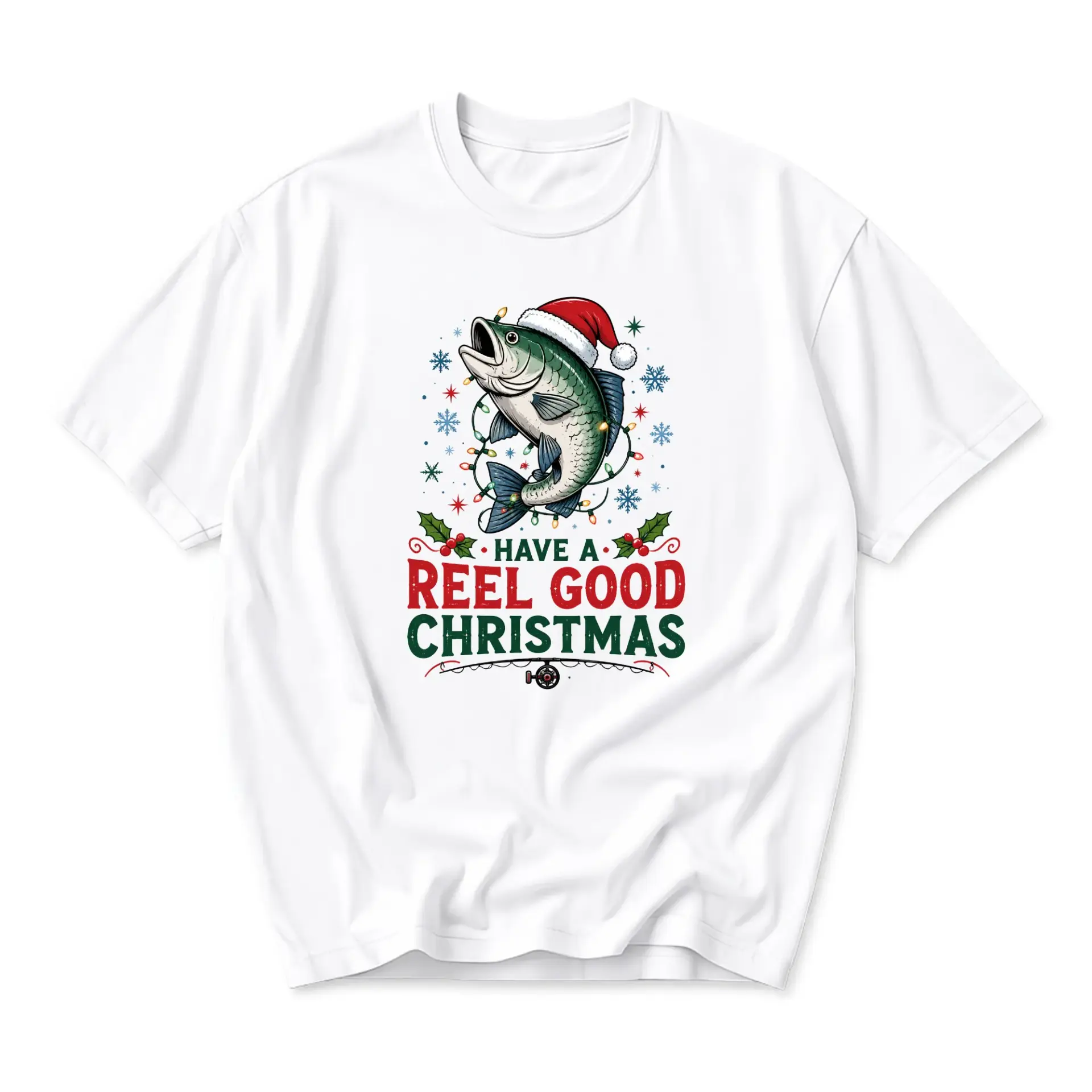 Funny Shirt Have a Reel Good Christmas Fish Graphic Unisex Crew Neck Casual