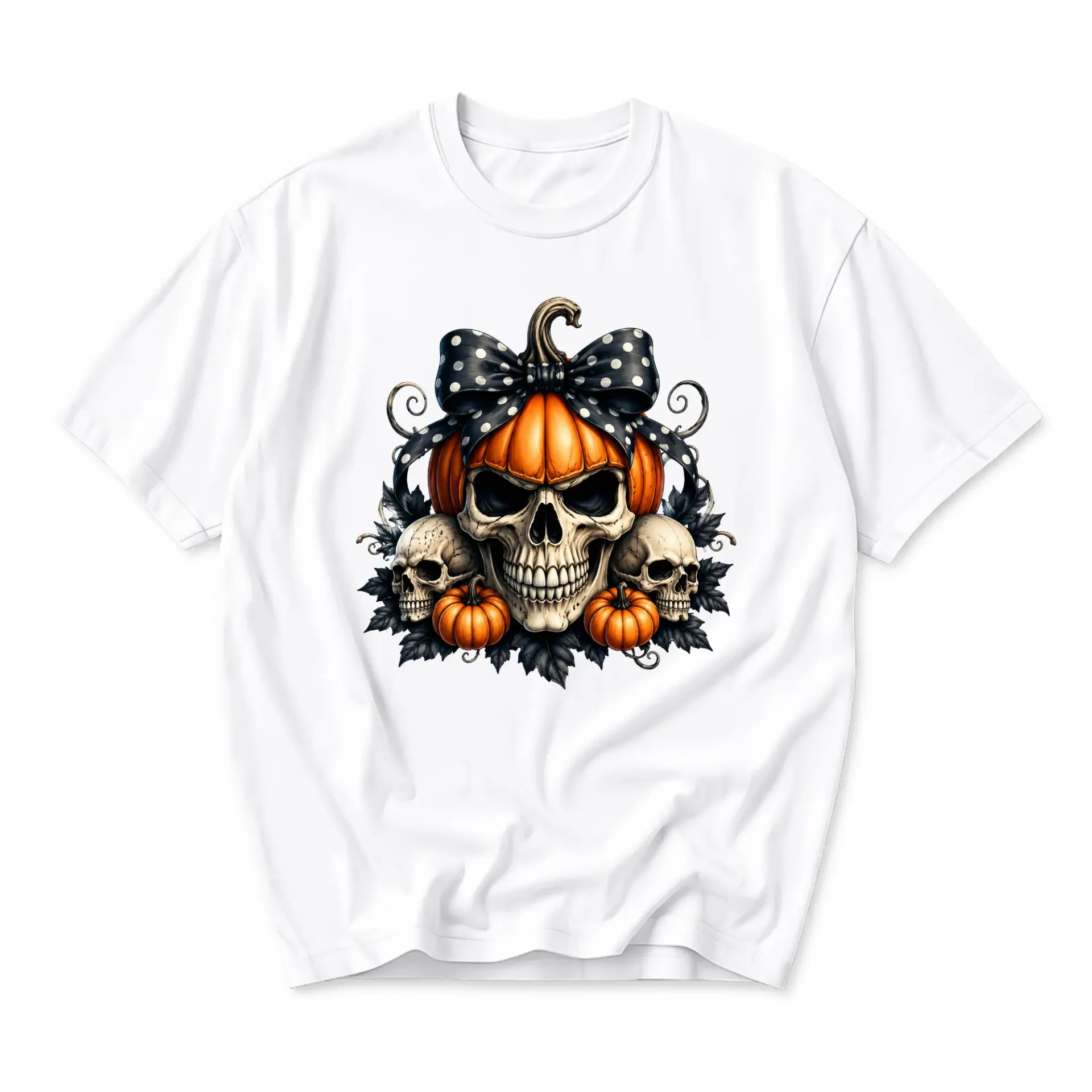 Graphic Tee Unisex Crew Neck Skull Pumpkin Bow Shirt Casual Everyday Apparel Fall Season Artistic Graphic Print T-Shirt