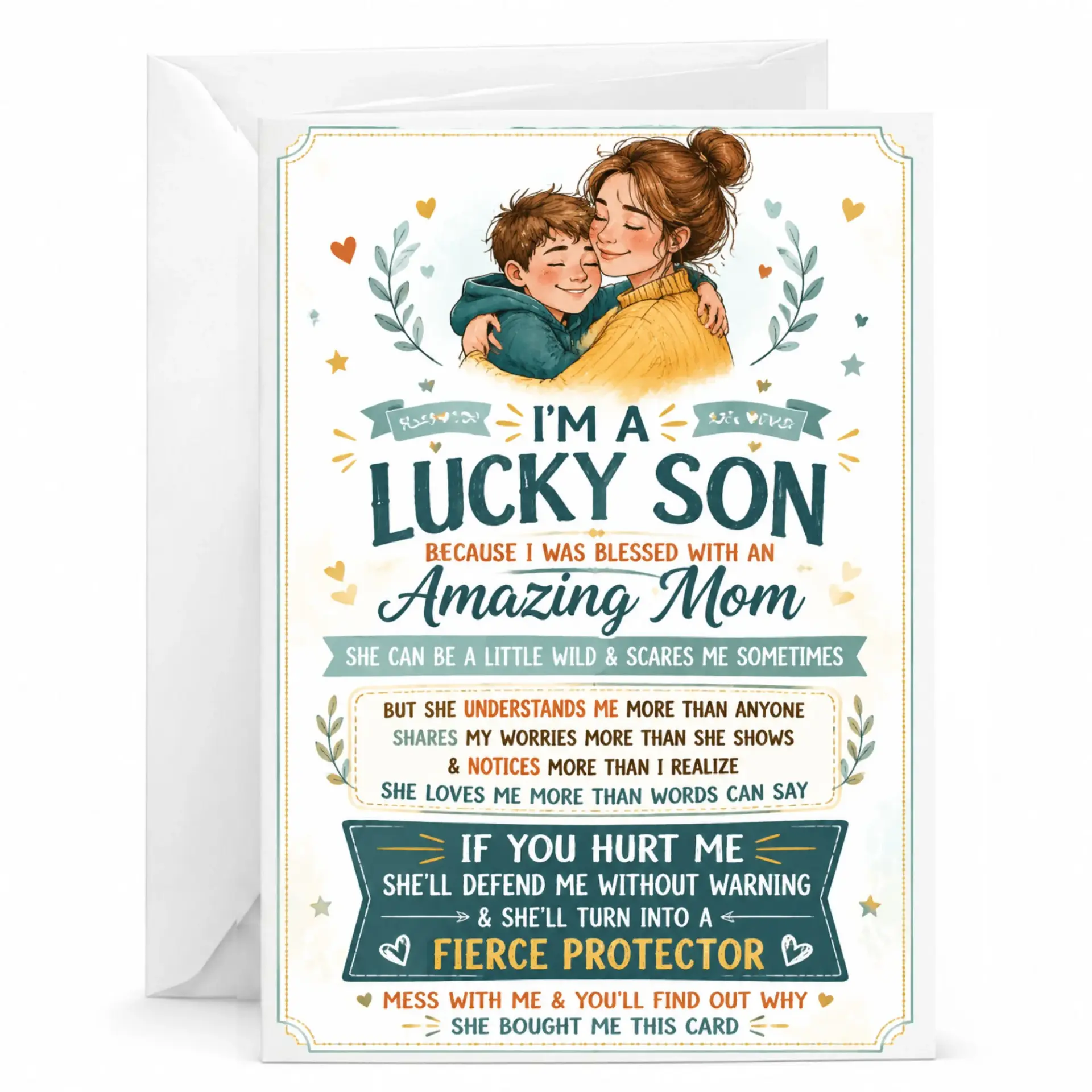 Lucky Son Greeting Card for Mom Heartfelt Sentiment Illustrated Note for Mother on Birthday or Special Occasion