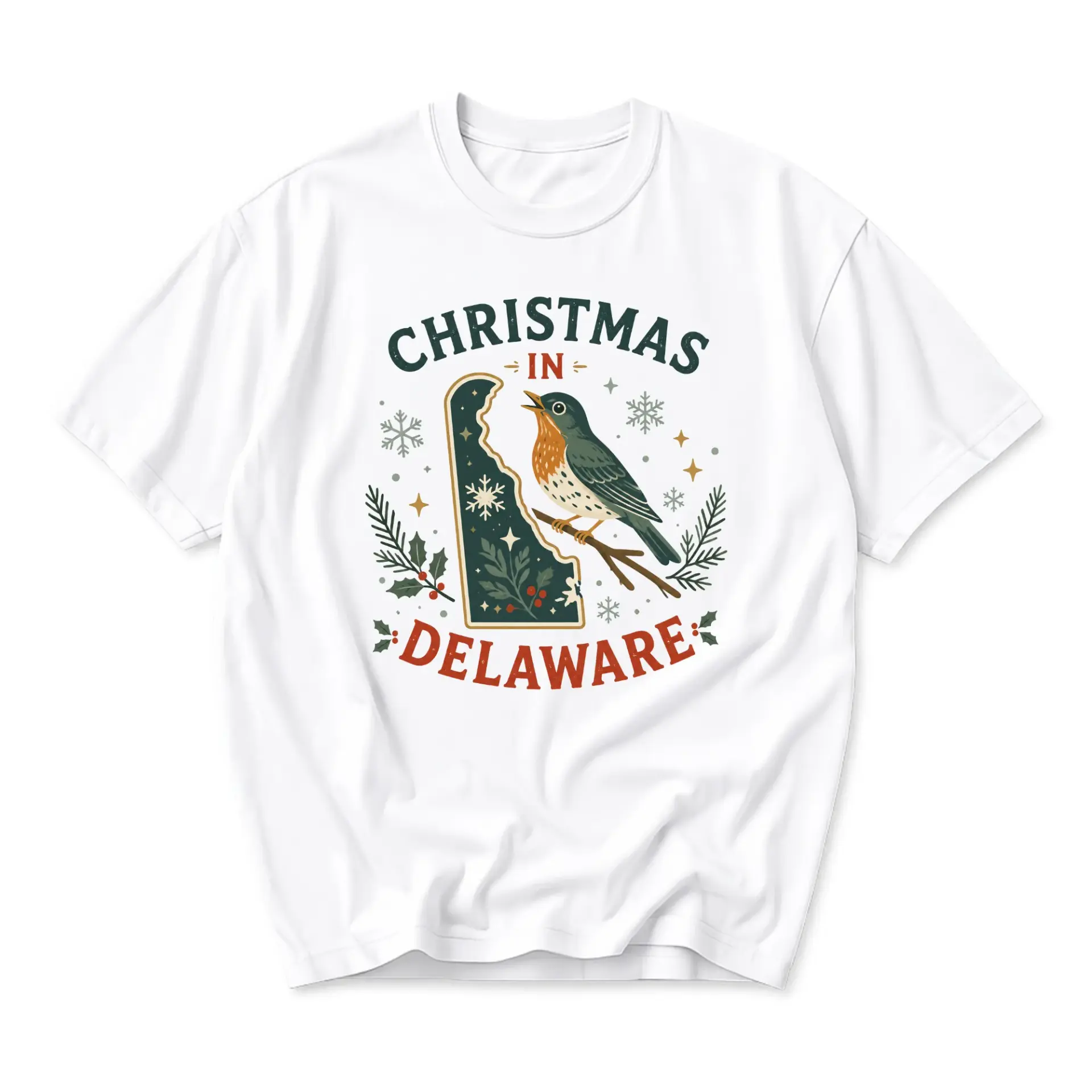 Graphic Tee Christmas in Delaware Holiday Bird Illustration Unisex Crew Neck Soft Cotton Blend Casual Shirt for Adults