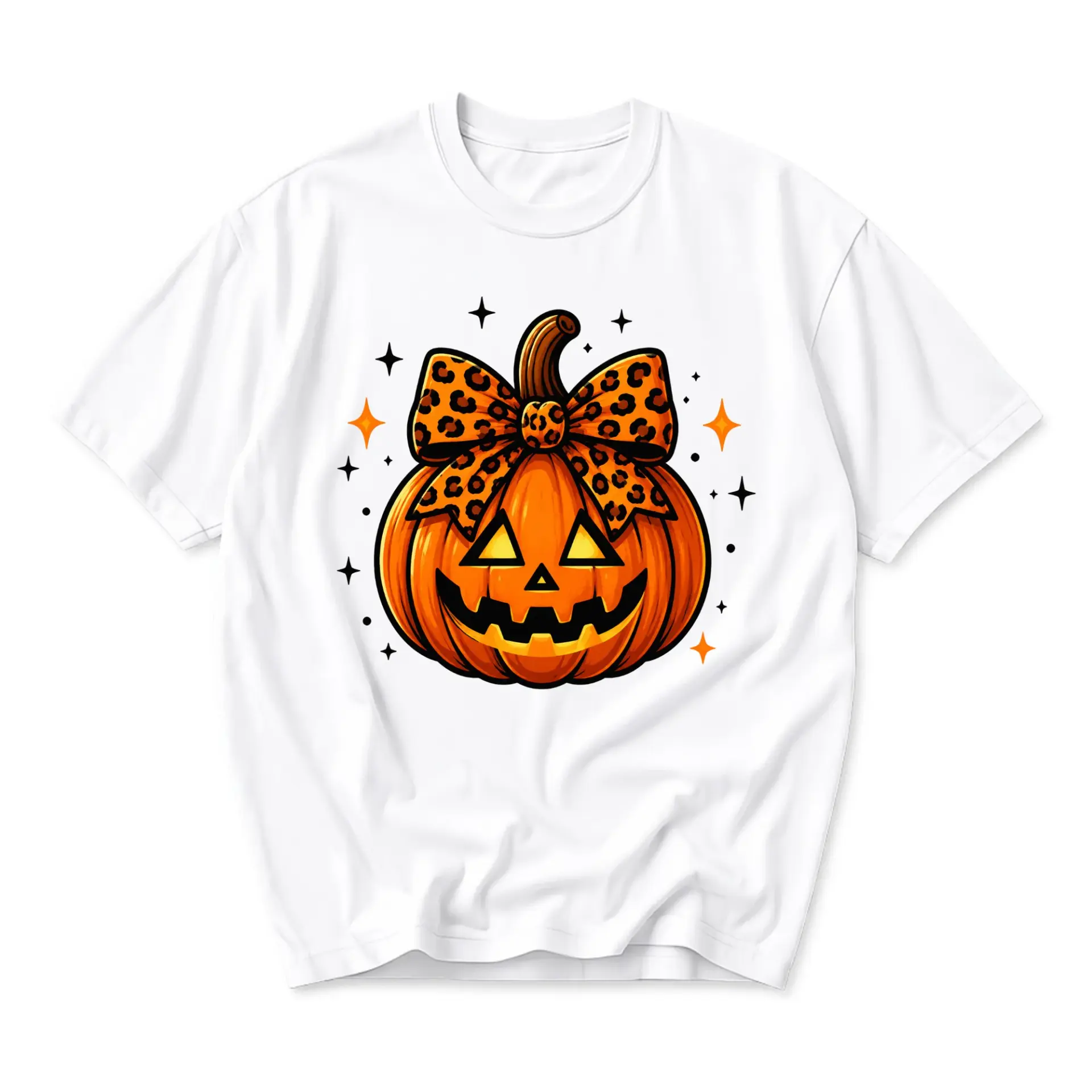 Graphic Tee Unisex Pumpkin with Leopard Print Bow Halloween Shirt Casual Fall Clothing for Men and Women White Crewneck