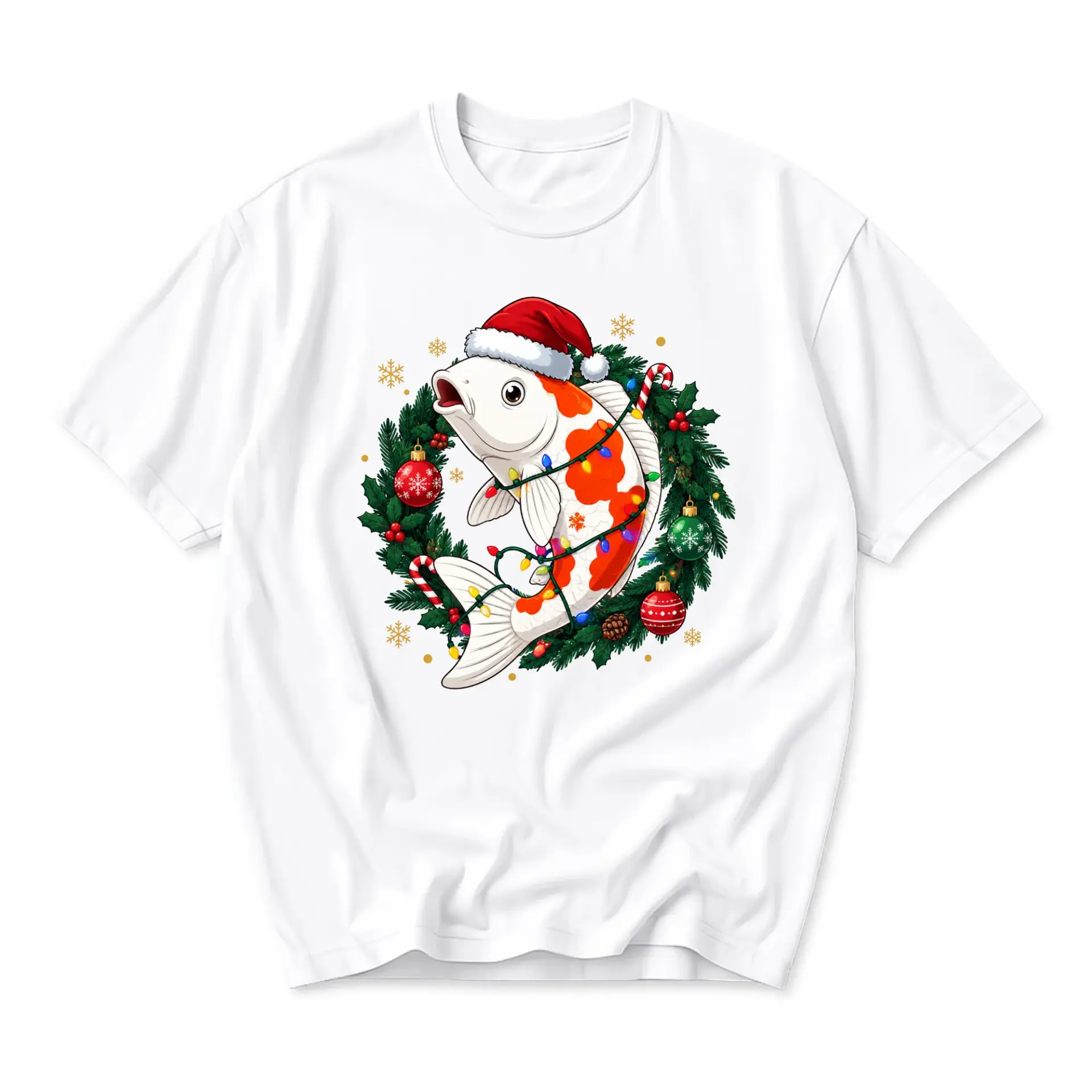 Graphic Tee Unisex Holiday Koi Fish Santa Hat Christmas Wreath Print Short Sleeve Cotton Crew Neck Casual Shirt