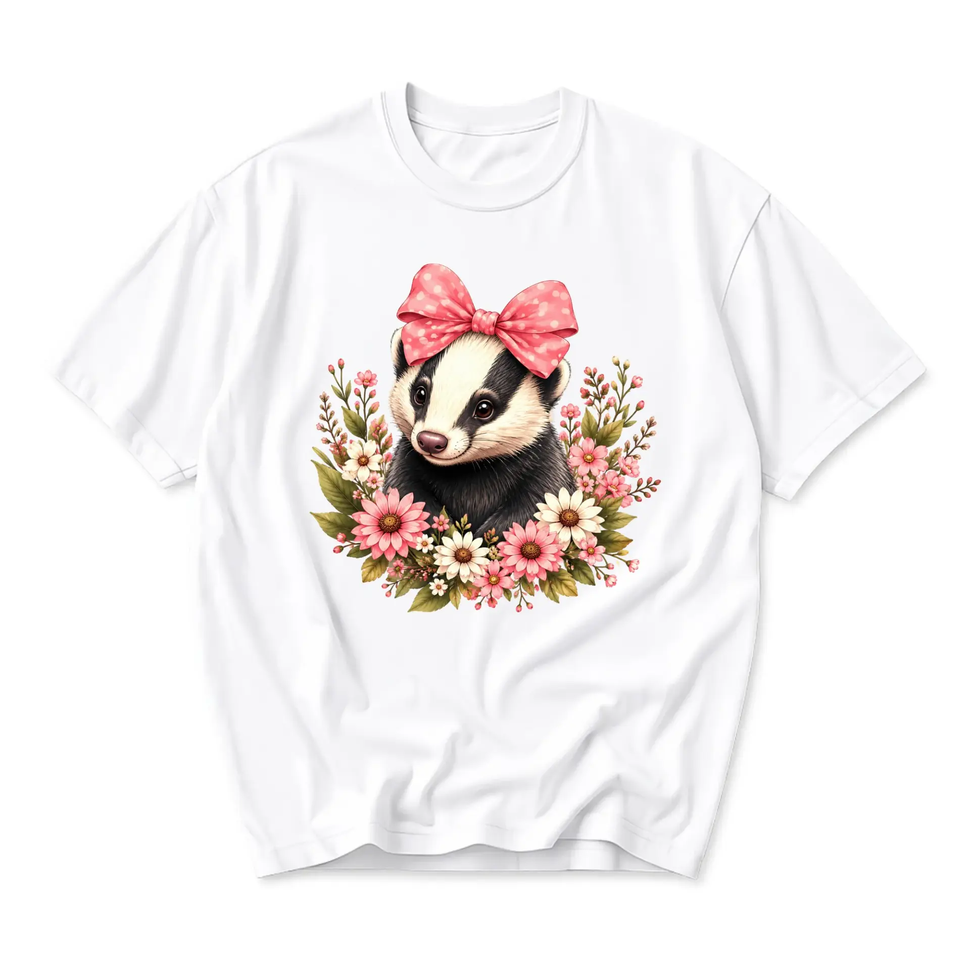 Graphic Tee Cute Badger with Pink Polka Dot Bow Surrounded by Colorful Flowers Unisex Crew Neck Cotton Shirt