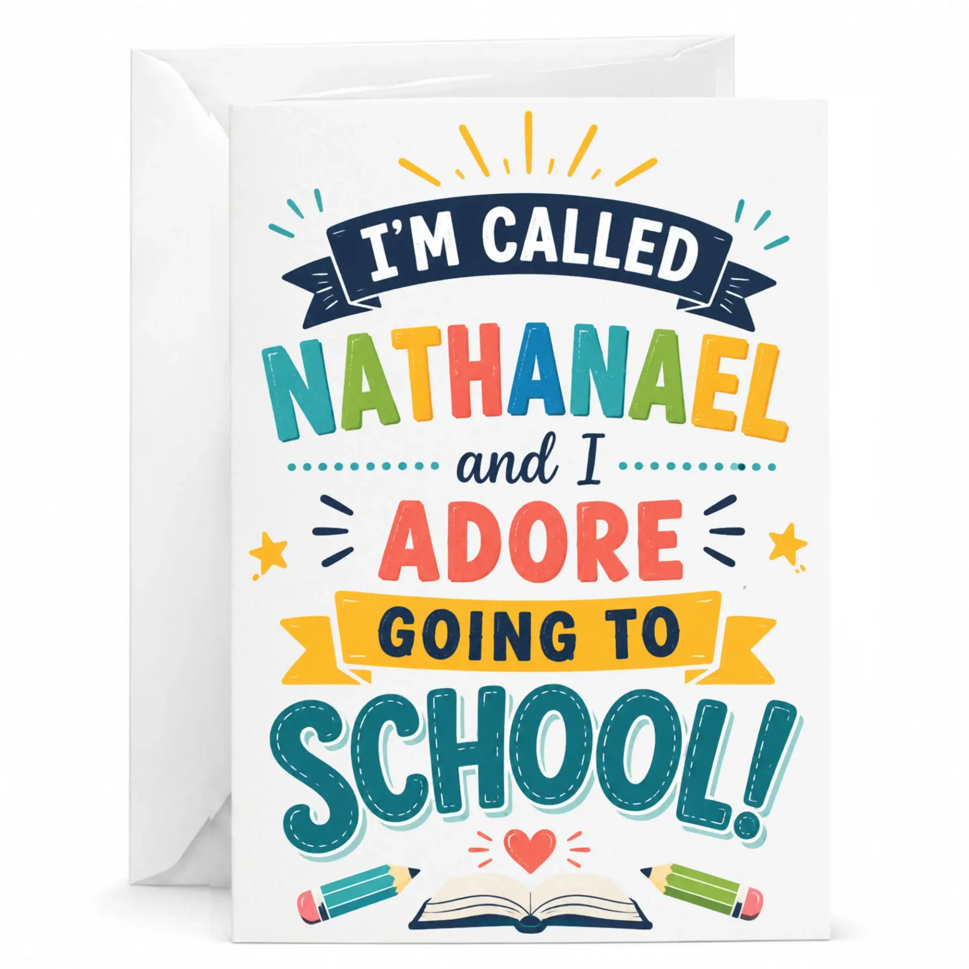 Greeting Card for Nathanael Featuring Colorful School Theme Design Students and Teachers on Premium Heavyweight Cardstock