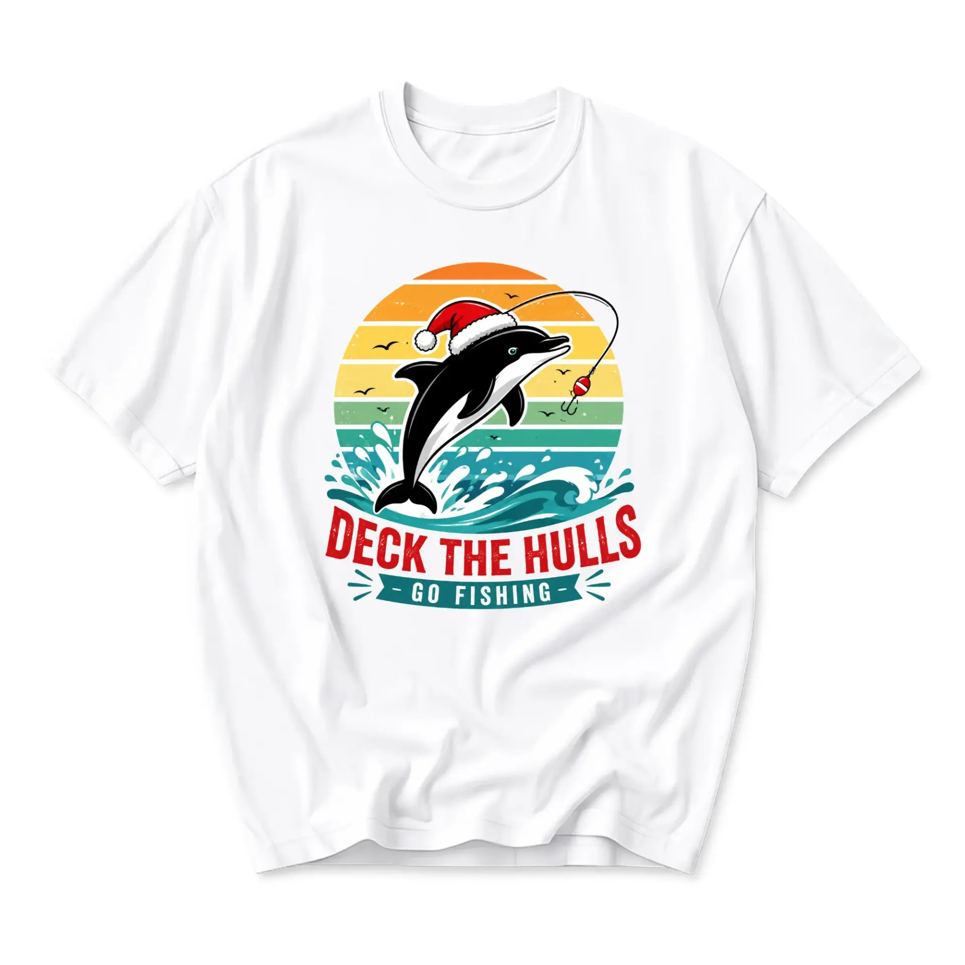 Funny Shirt Deck the Hulls Go Fishing Graphic Tee Unisex Short Sleeve Crew Neck Holiday Aquatic Apparel