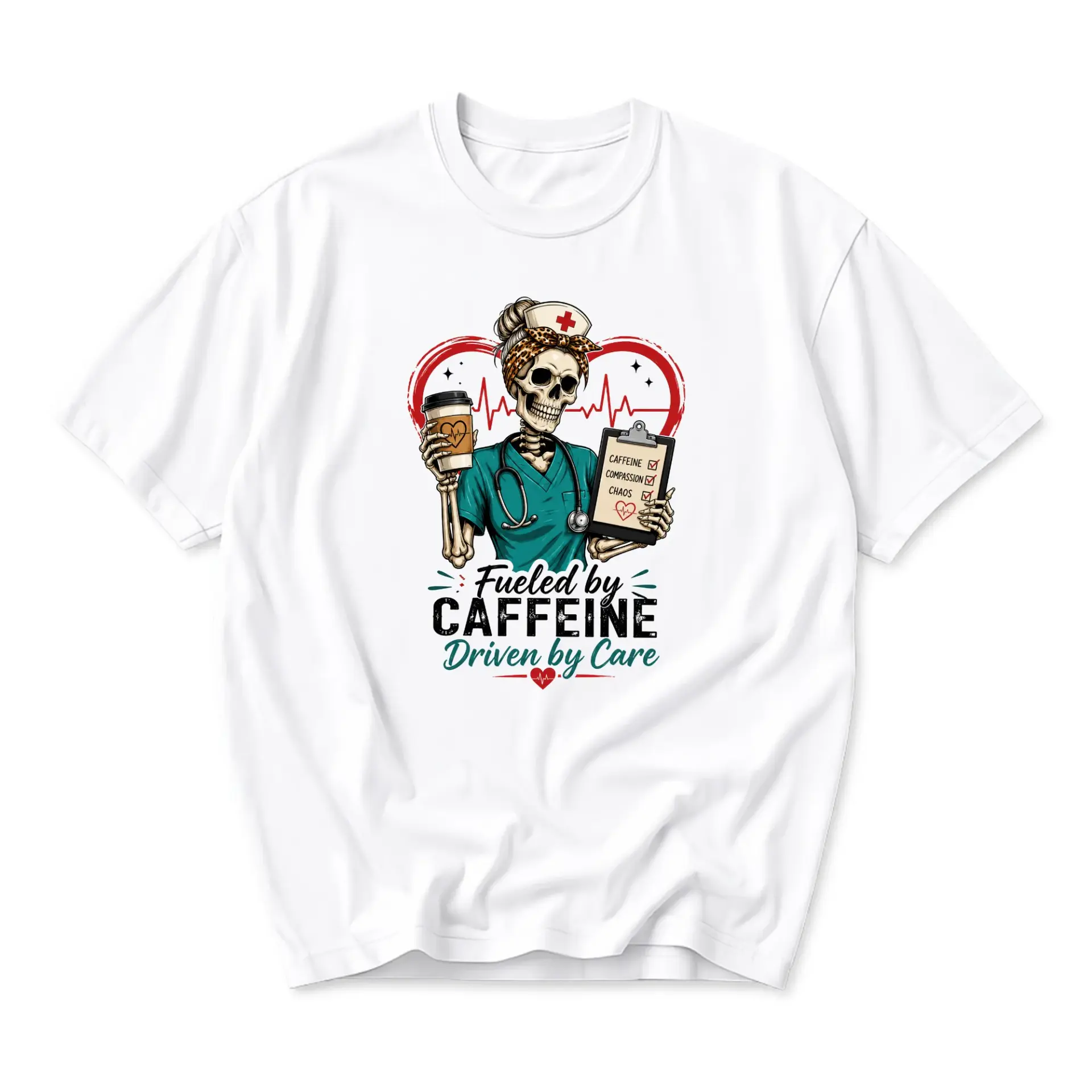 Funny Shirt Nurse Skeleton Design Unisex Graphic Printed T-Shirt Featuring Caffeine and Care Medical Theme Apparel