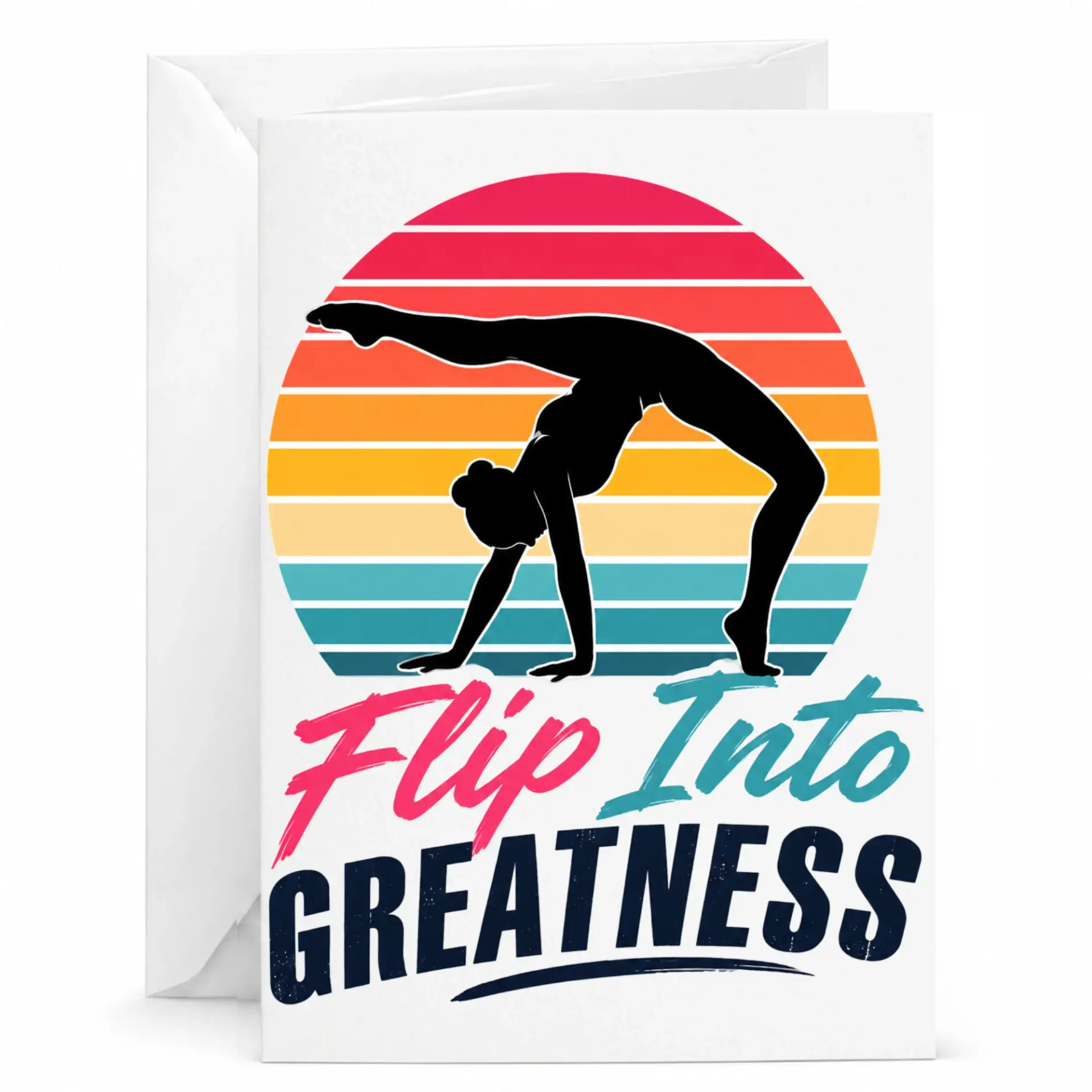 Greeting Card Flip into Greatness Gymnast Silhouette Retro Sunset Aesthetic Art for Athletes and Sports Enthusiasts