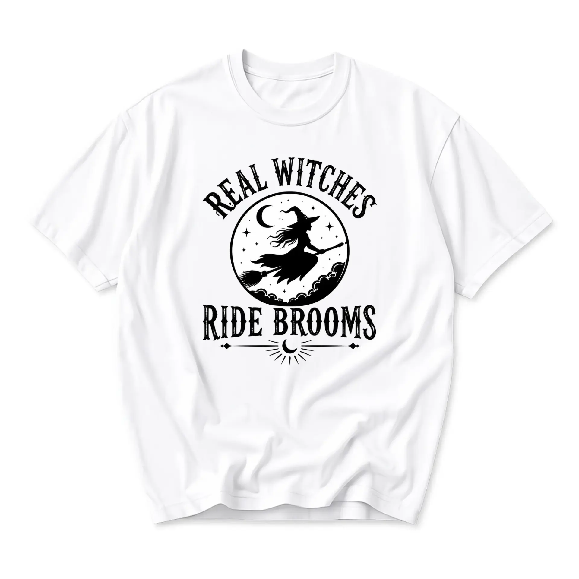 Graphic Tee Real Witches Ride Brooms Unisex Crew Neck T-Shirt Casual Short Sleeve Cotton Blend Fashion Apparel White