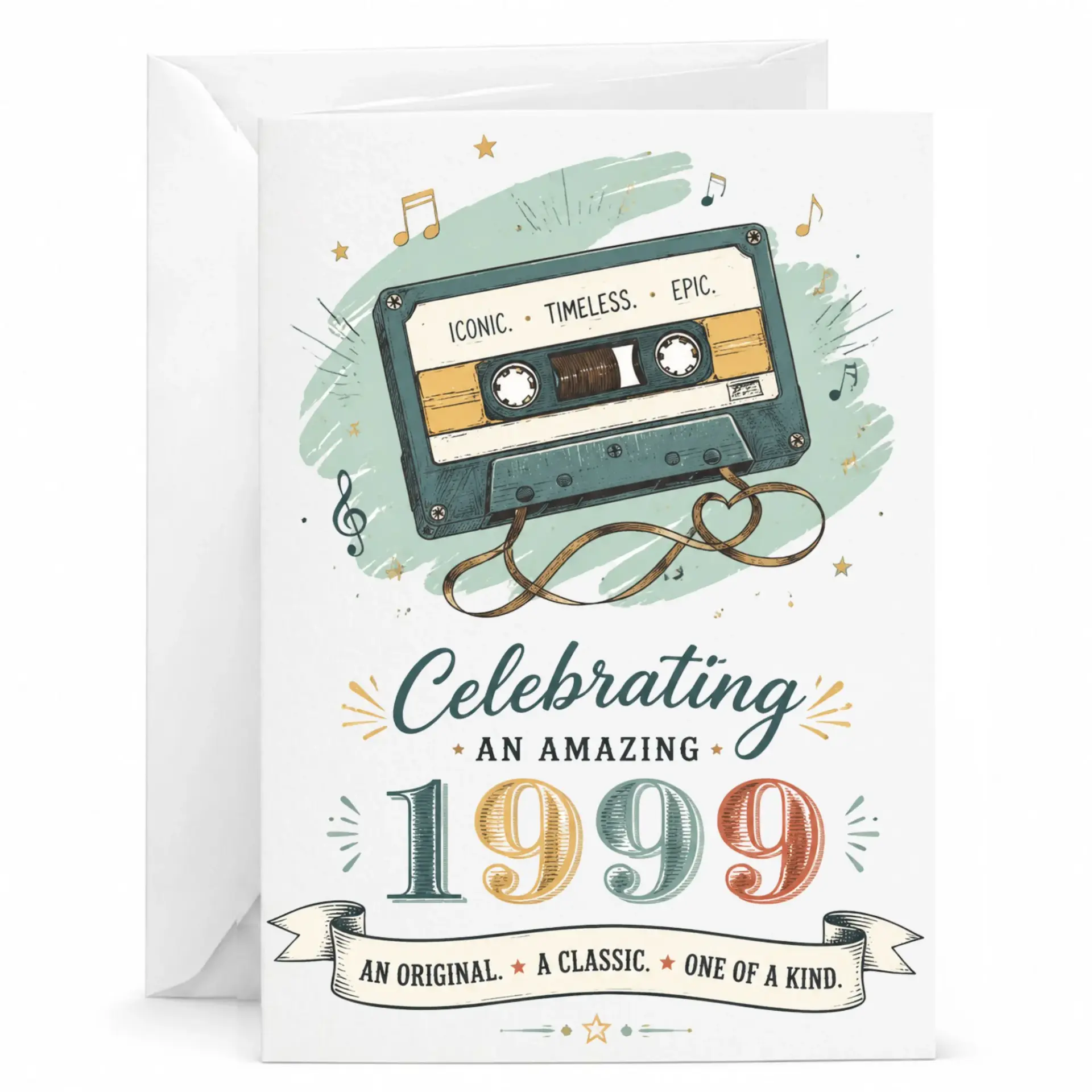 Birthday Card Celebrating an Amazing 1999 Vintage Cassette Tape Music Theme Greeting Card with Envelope for Milestone