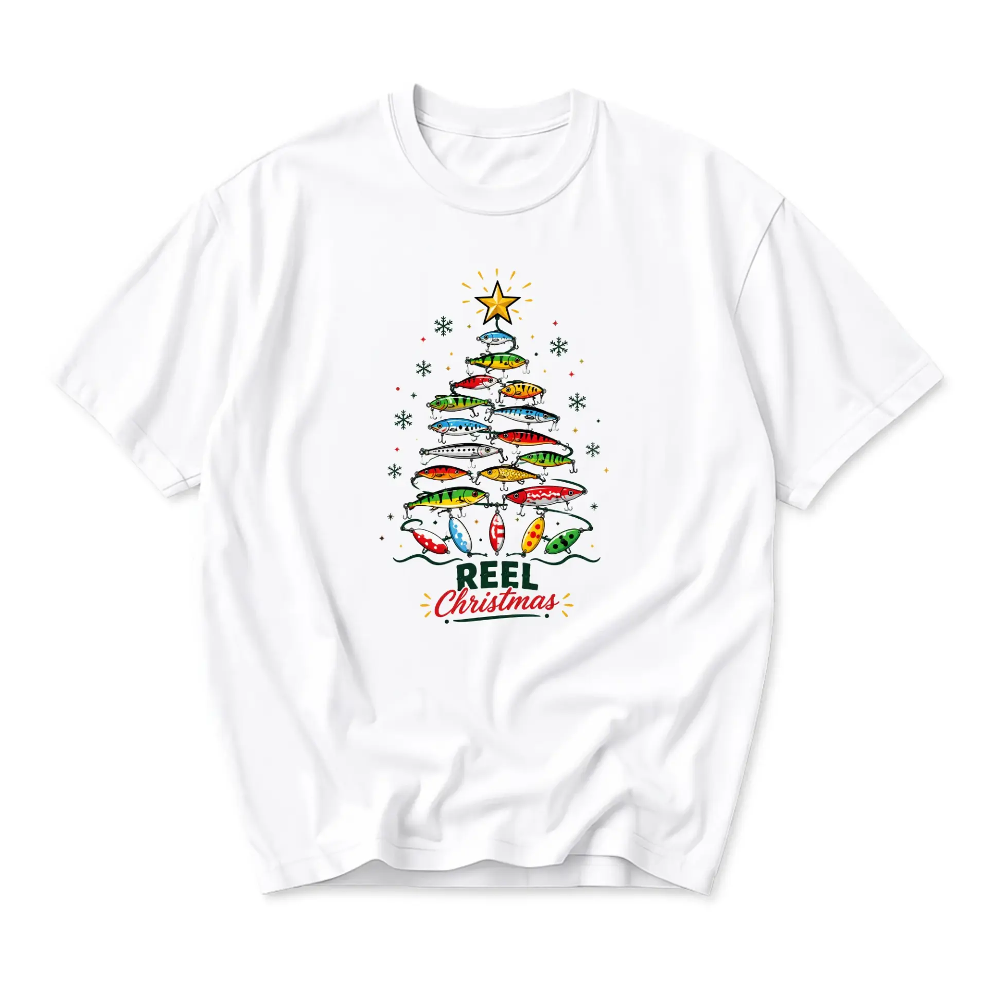 Graphic Tee Reel Christmas Fishing Lure Tree Unisex Cotton T-Shirt for Casual Everyday Wear and Holiday Enthusiasts