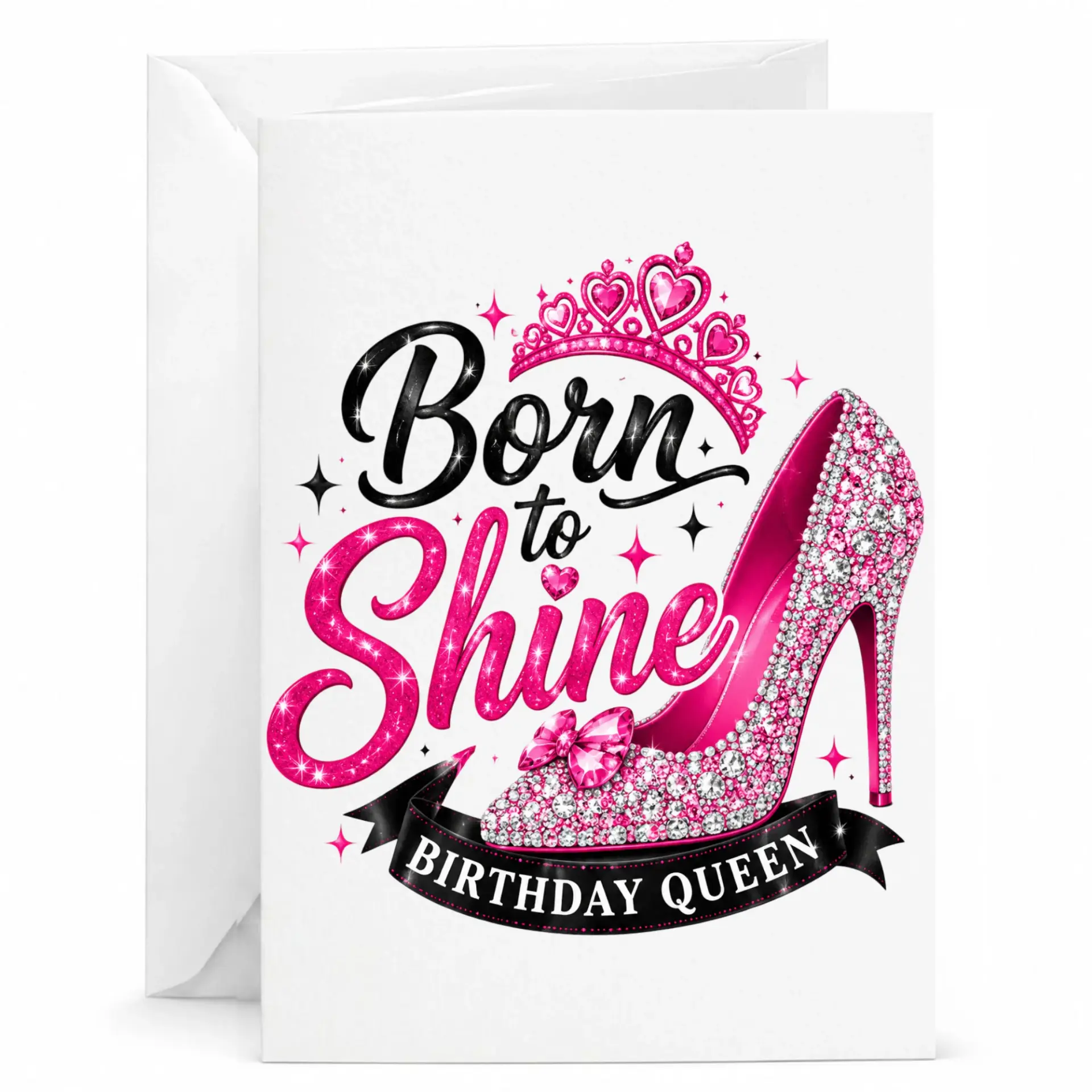 Birthday Card Born to Shine Birthday Queen Greeting Card with Envelope for Her Elegant High Heel and Tiara Design