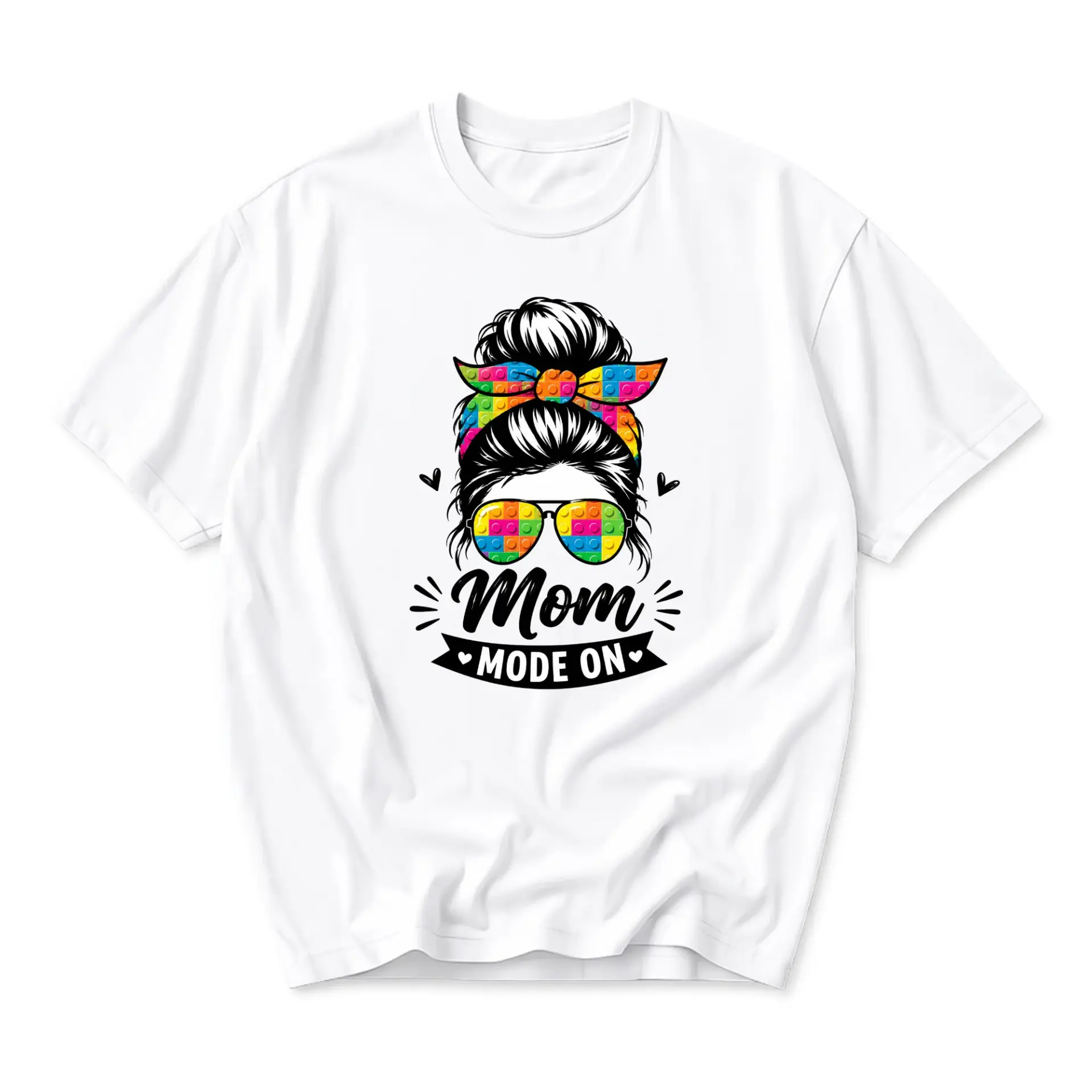 Graphic Tee Mom Mode on Unisex T-Shirt Colorful Building Block Pattern Messy Bun Sunglasses Print Casual Top