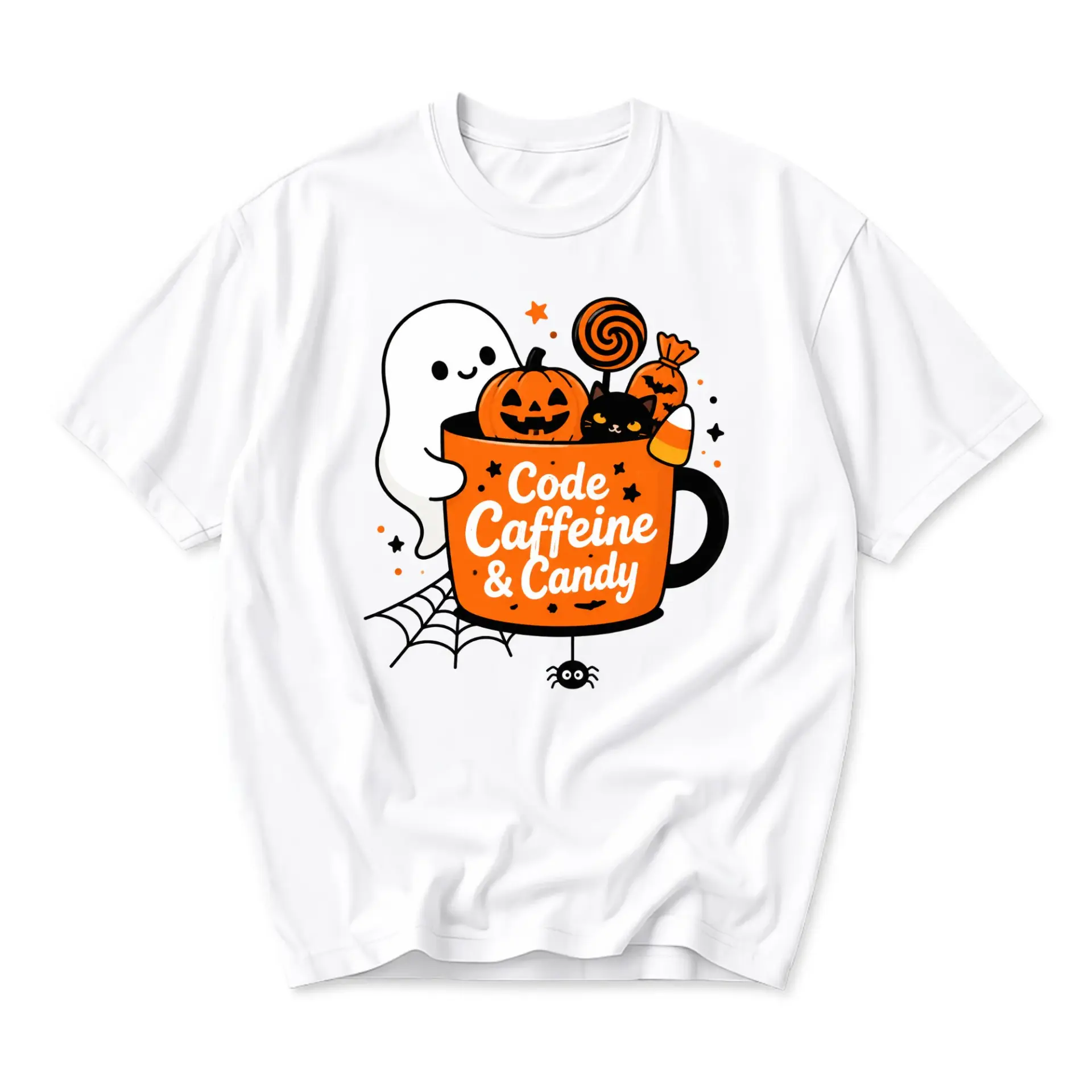 Graphic Tee Code Caffeine and Candy Halloween Spooky Fall Season Unisex Crew Neck Casual Short Sleeve Cotton Shirt