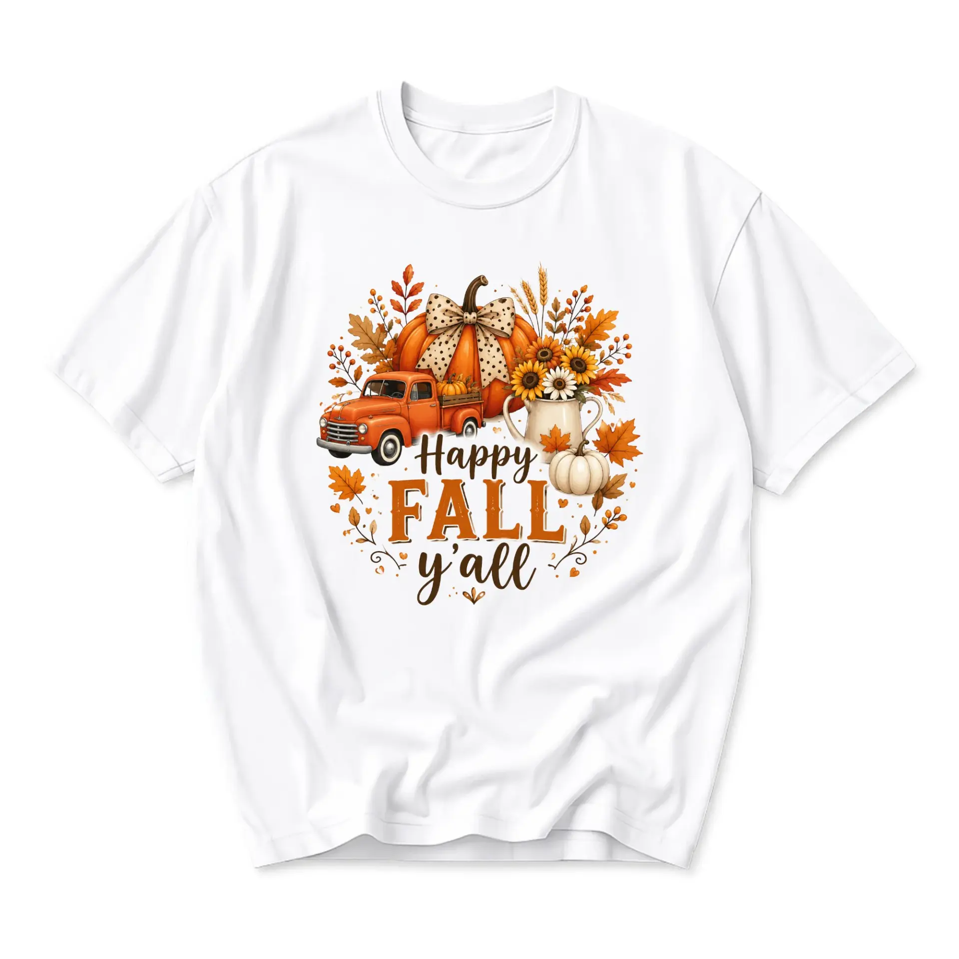 Graphic Tee Happy Fall Y'all Unisex T-Shirt Seasonal Autumn Harvest Pumpkin Design Crew Neck Comfortable Cotton Shirt