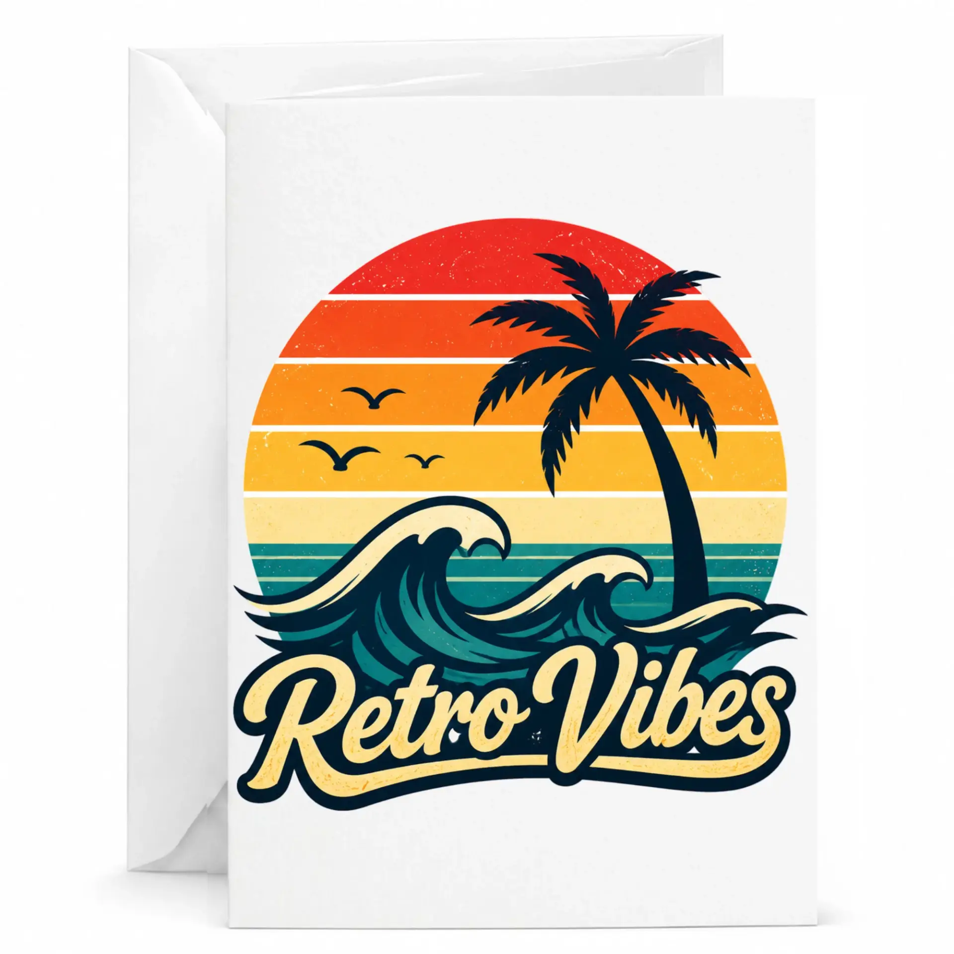 Greeting Card Retro Vibes Tropical Sunset Palm Tree Ocean Wave Design Vintage Style Stationary for Any Occasion