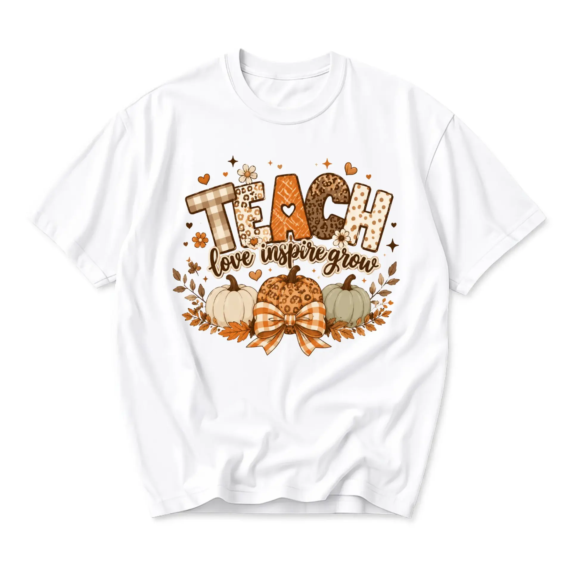 Graphic Tee Teach Love Inspire Grow Pumpkin Fall Autumn Season Unisex Crew Neck Casual Everyday Shirt for Adults