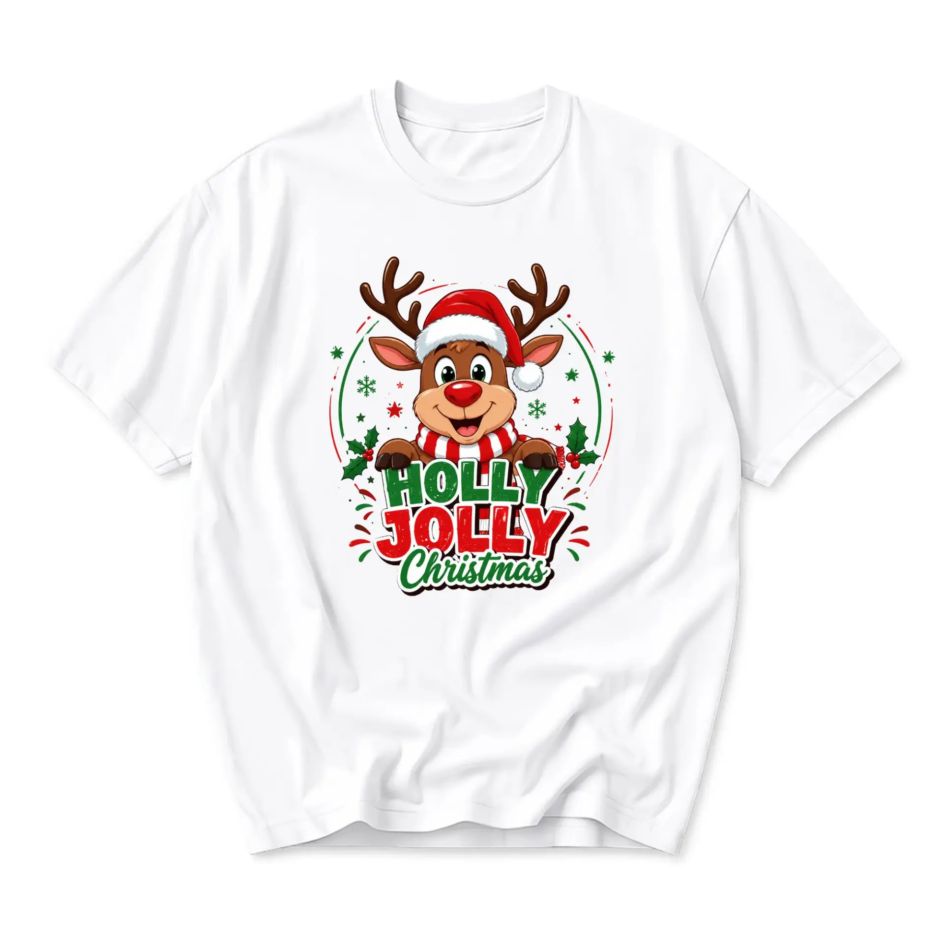 Graphic Tee Holly Reindeer Print Unisex Crew Neck Shirt for Seasonal