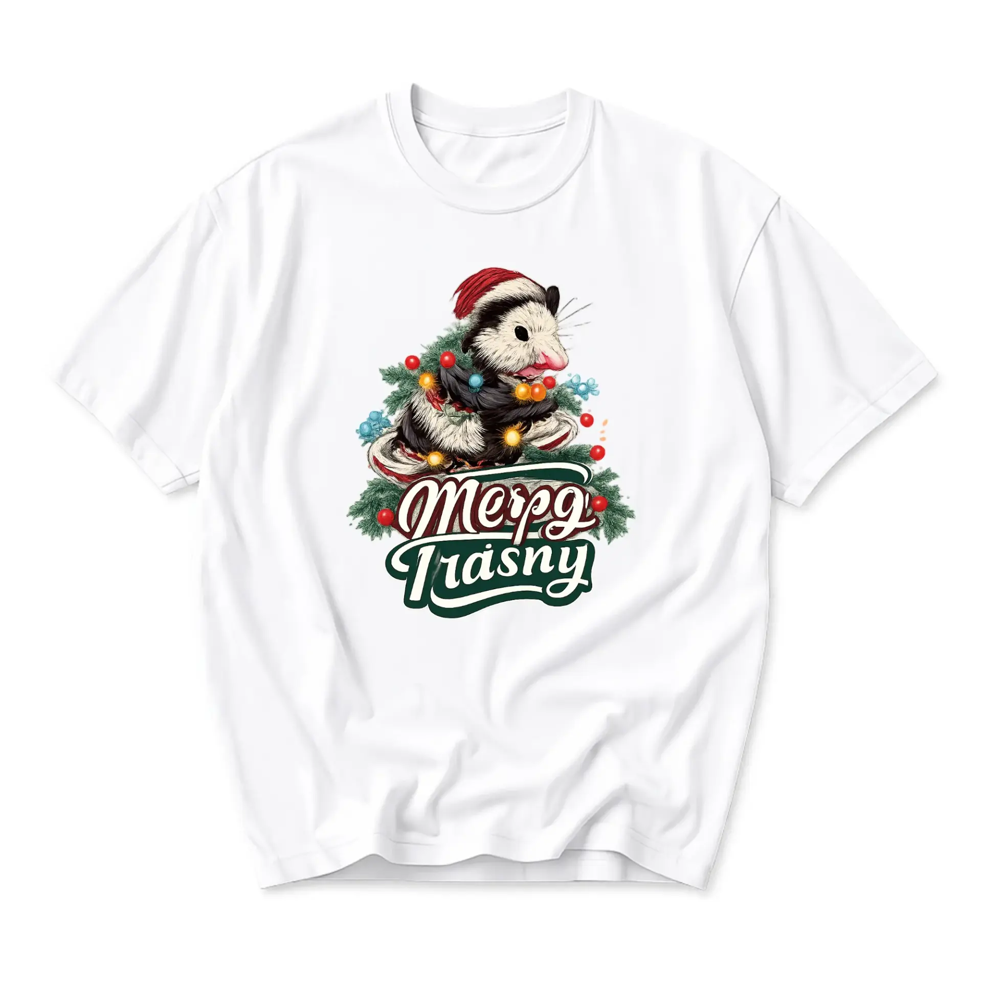 Funny Shirt Merry Trasny Opossum Holiday Graphic Tee Unisex Casual Crew Neck Soft Cotton Blend Everyday Outfit