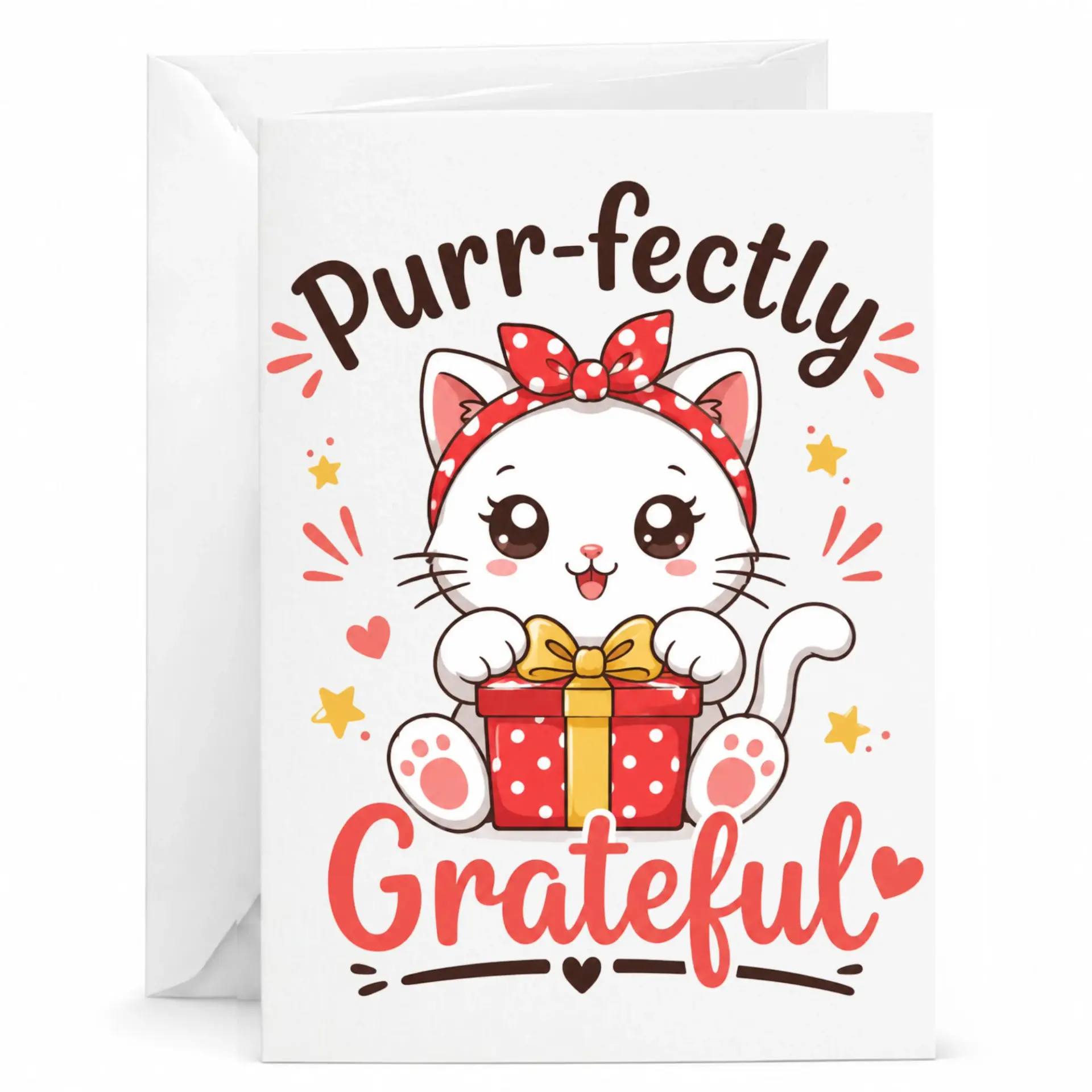 Funny Greeting Card Purr-Fectly Grateful Cat Illustration Featuring Cute Kitten Holding a Gift for Any Special Occasion