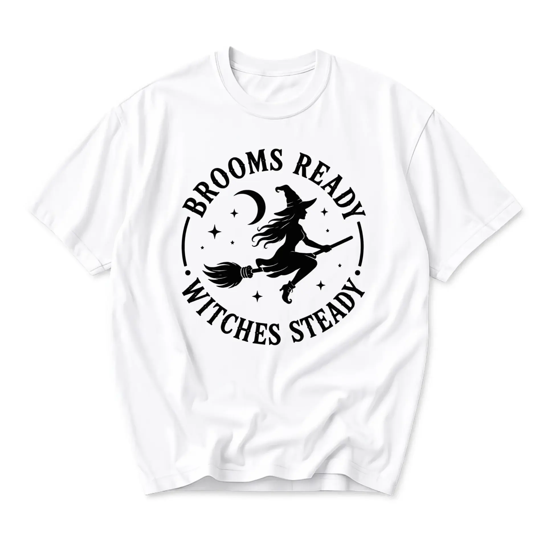 Graphic Tee Brooms Ready Witches Steady Print Unisex Crew Neck Shirt for Casual Everyday Wear and Humor Statement