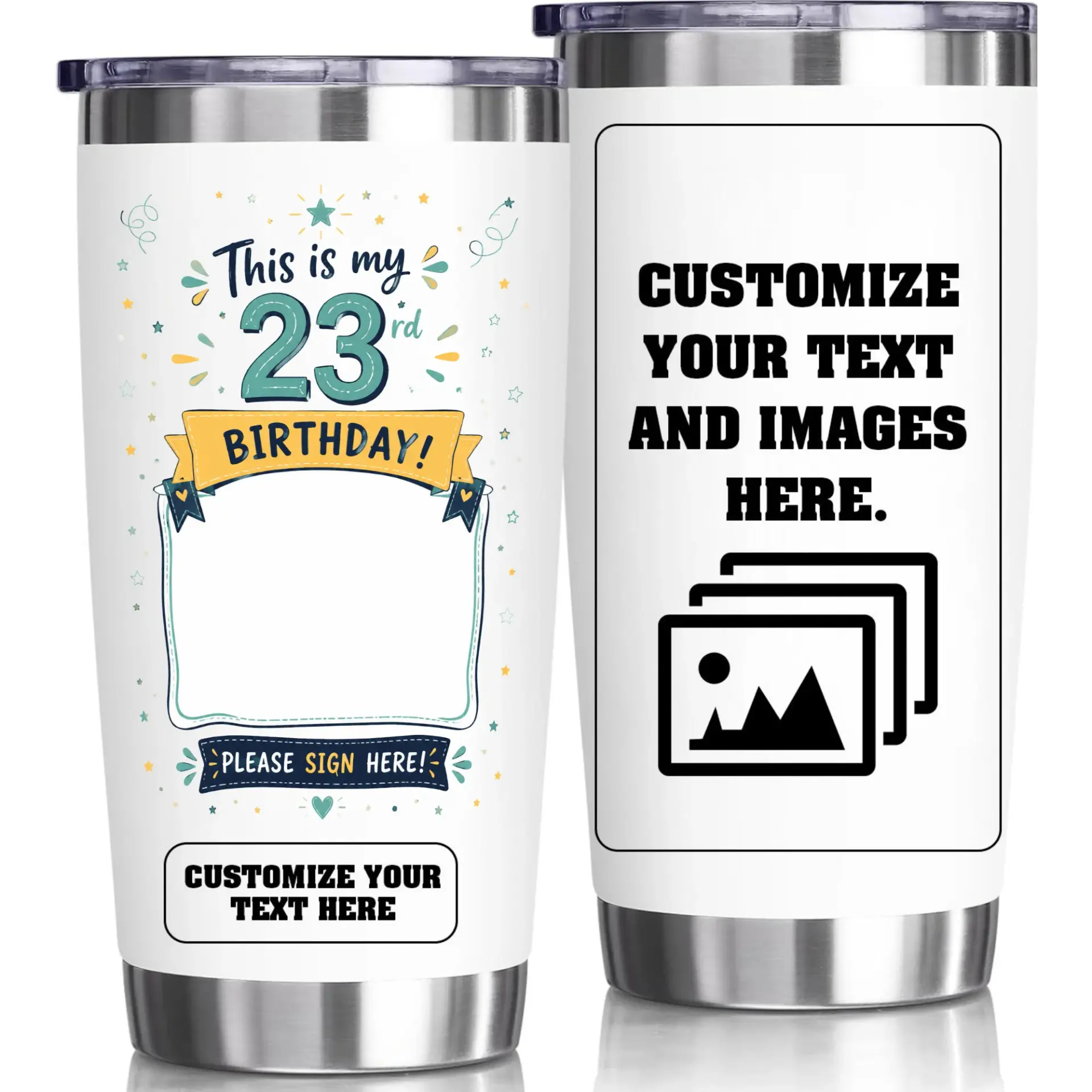 Stainless Steel Tumbler 20oz Insulated Cup for Birthday Celebration Keepsake with Customizable Design and Signable Area