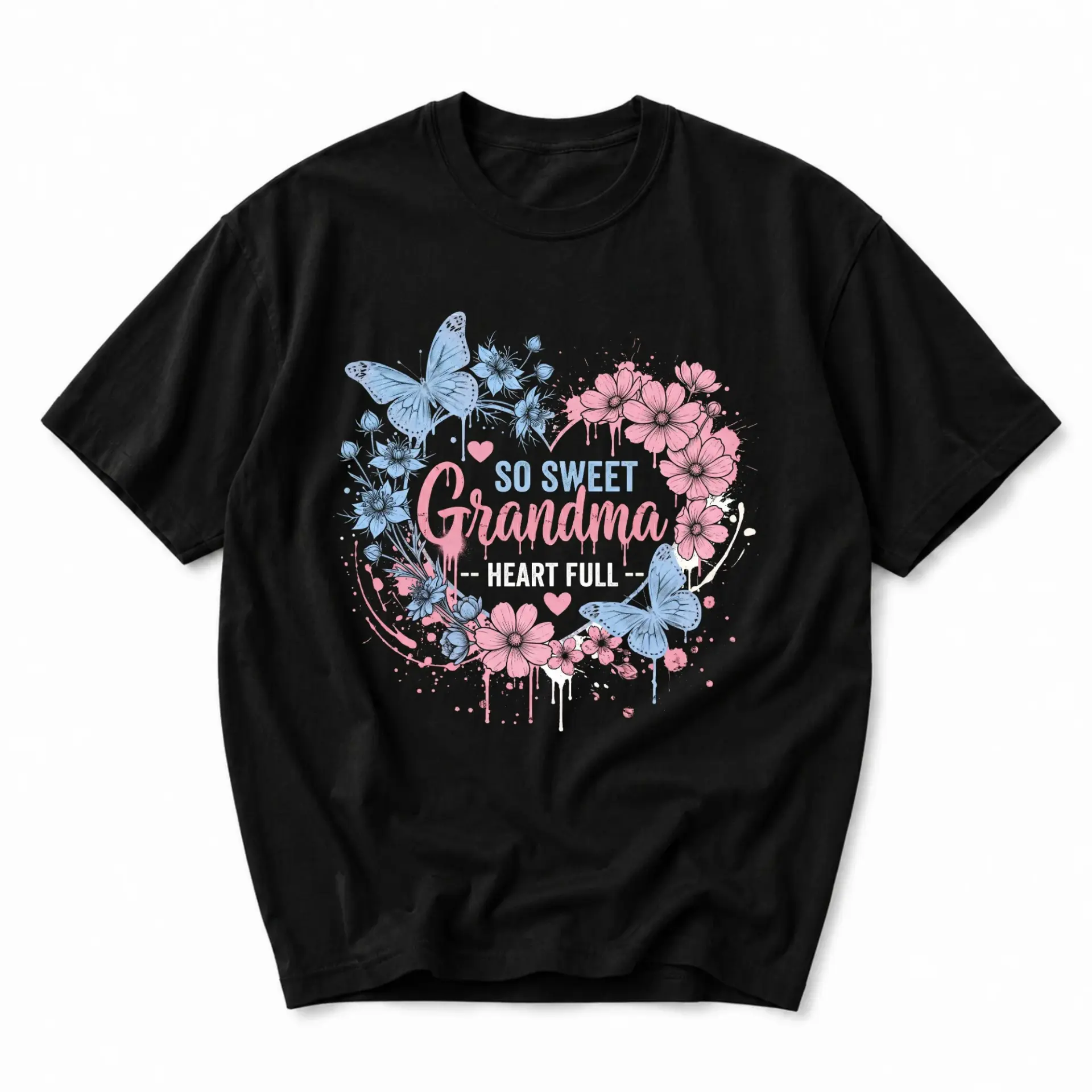 T-shirt so Sweet Grandma Heart Full Graphic Tee Floral Butterfly Print Casual Short Sleeve Crew Neck Black Top